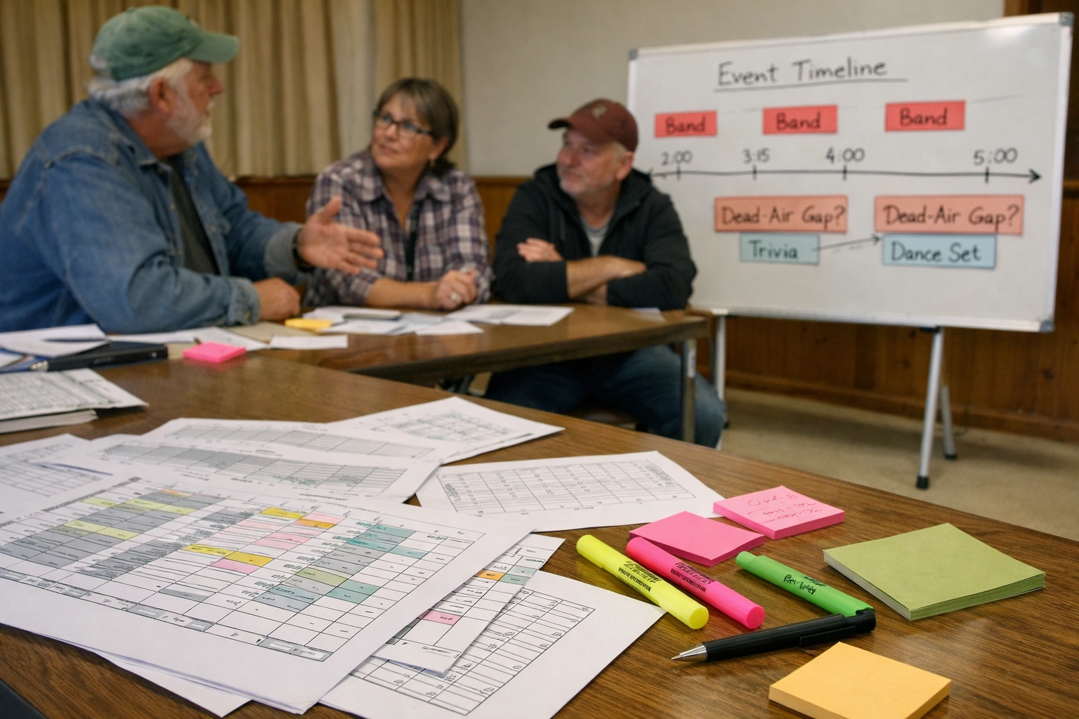 Fair governance board members reviewing operational planning charts in a community hall workshop.