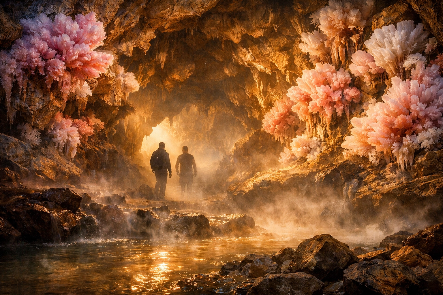 Budapest's underground thermal caves with mineral formations and LGBTQ+ travelers exploring