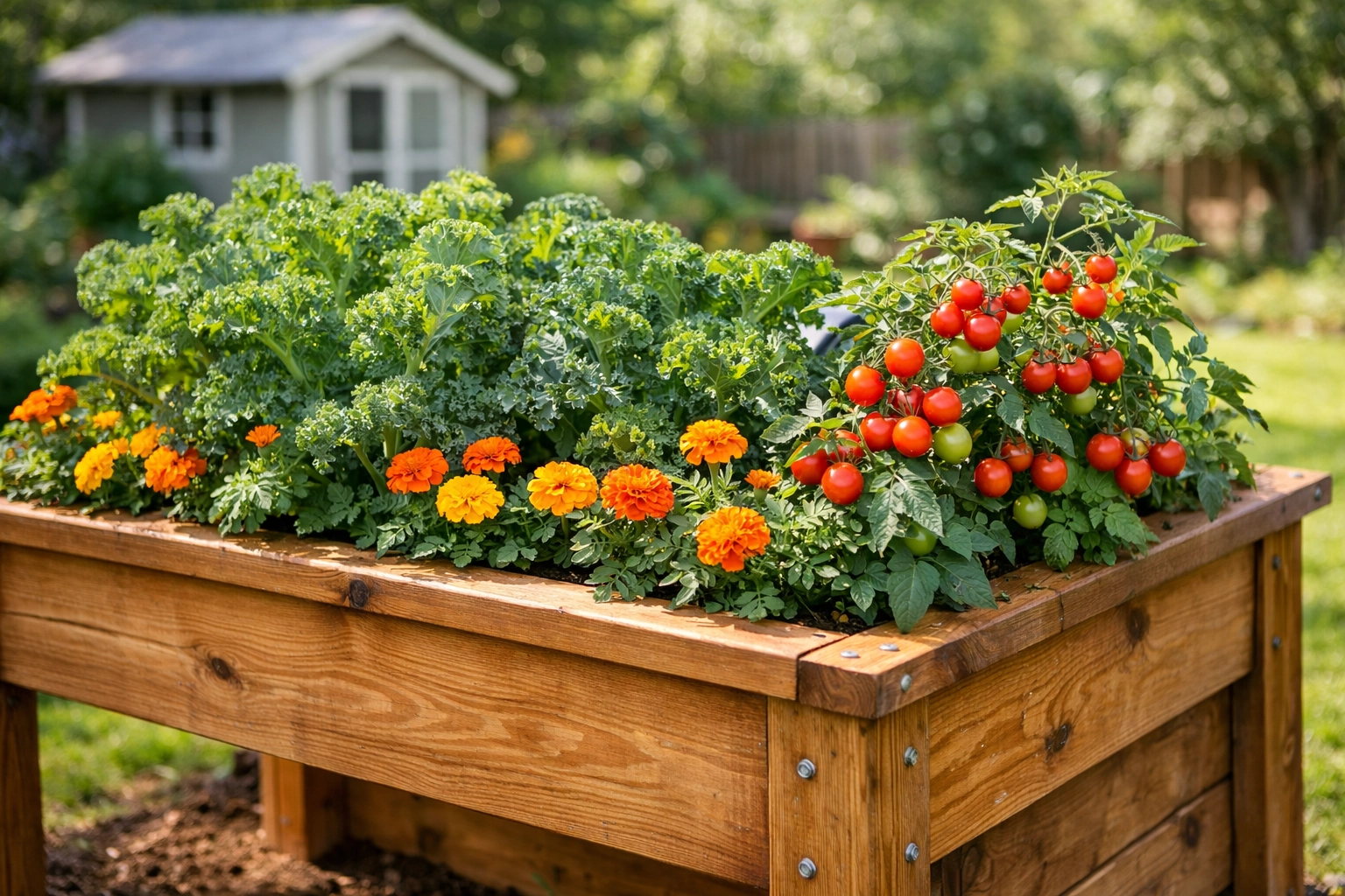 A waist-high wooden raised garden bed designed for safe gardening at a comfortable height.