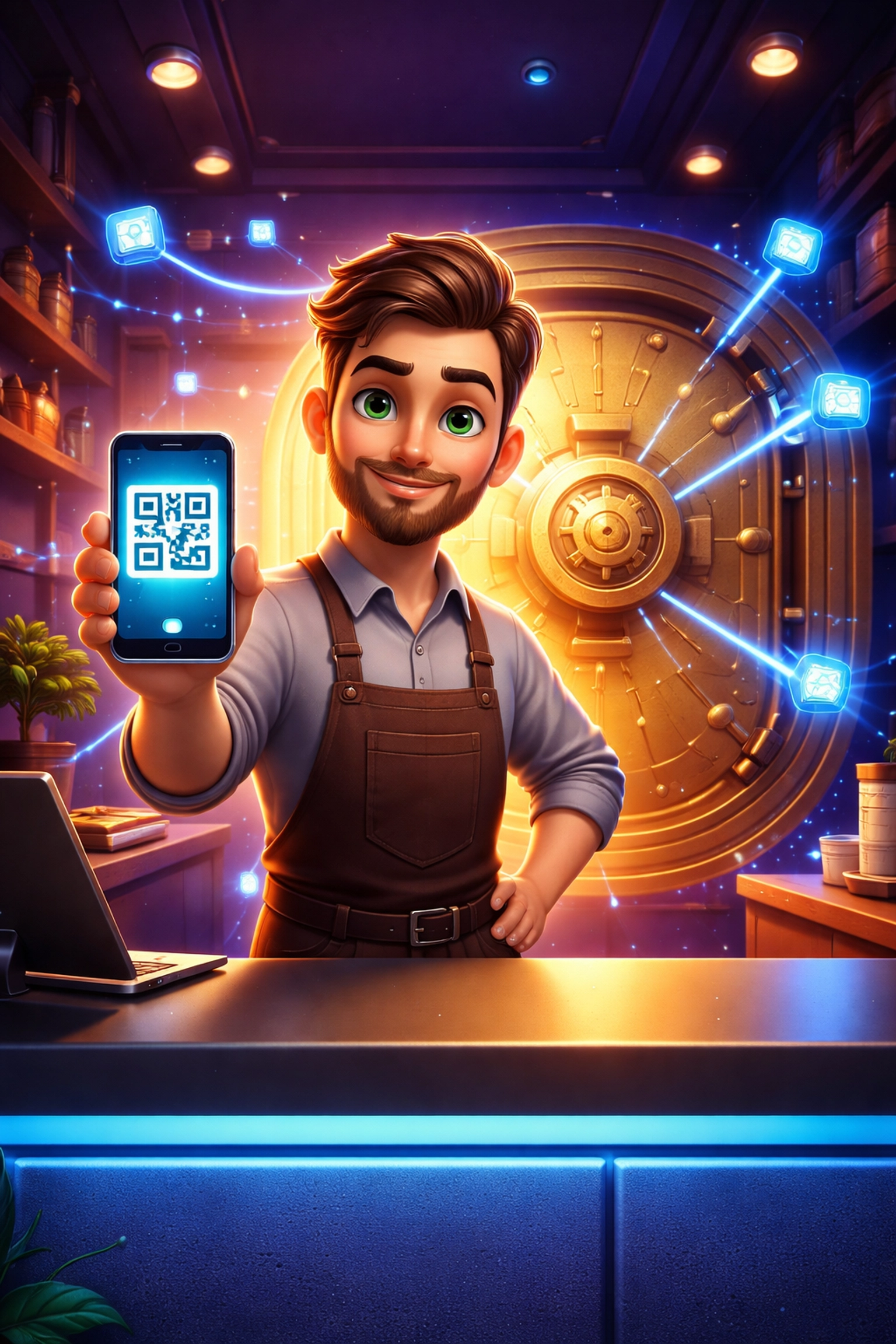 Small business owner accepting crypto payment securely via QR code, illustrating Larecoin's blockchain-based financial control.