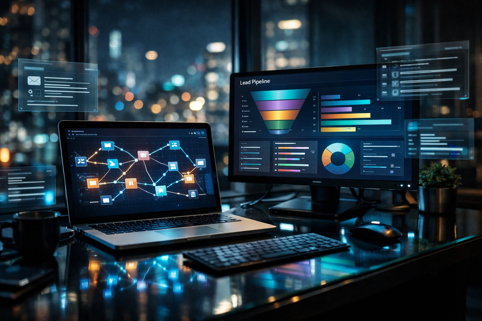 Modern desk setup showing automated AI lead generation workflows and digital sales pipeline dashboards.