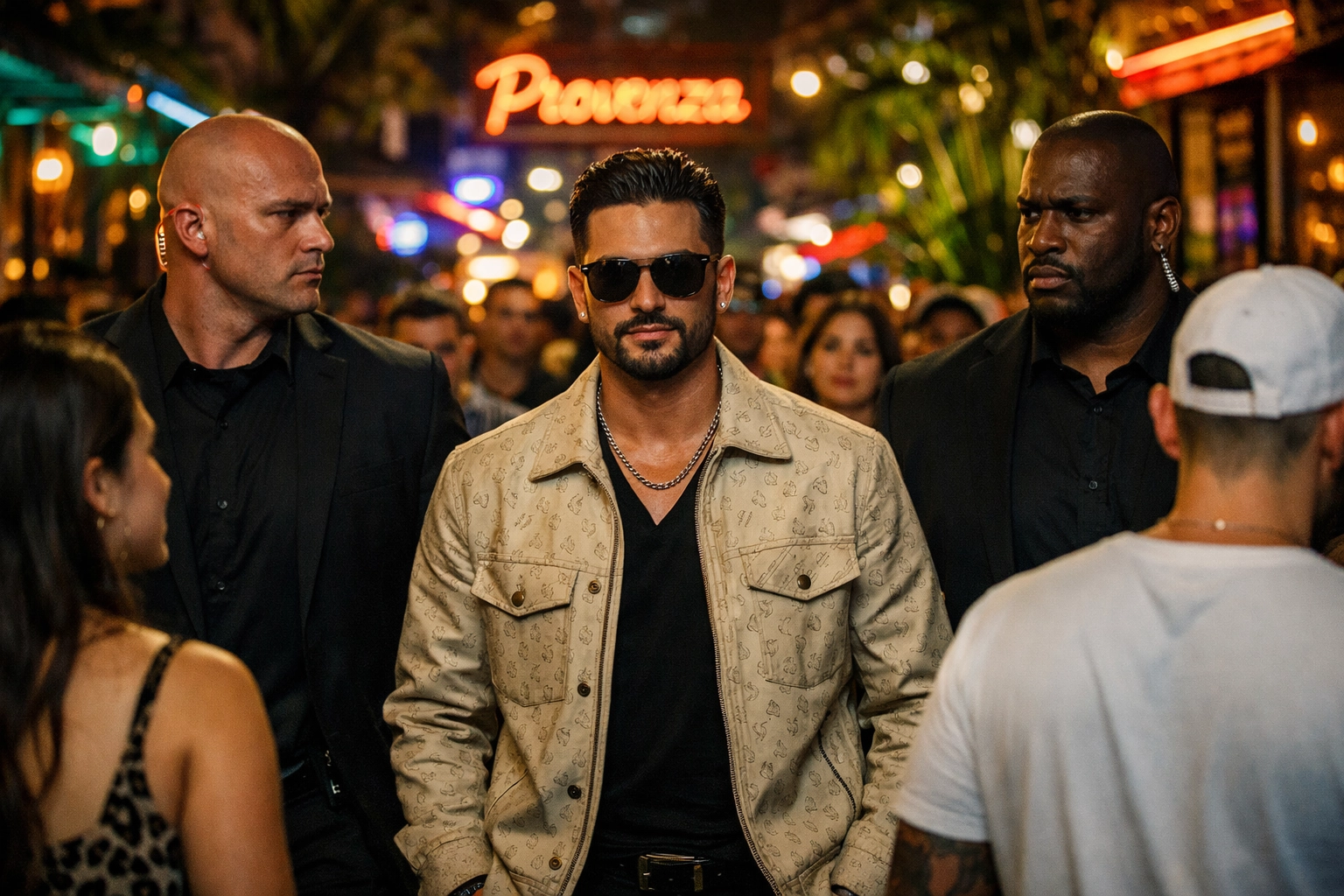 Visible security detail in formal suits standing out in the crowded Provenza nightlife district of Medellin.