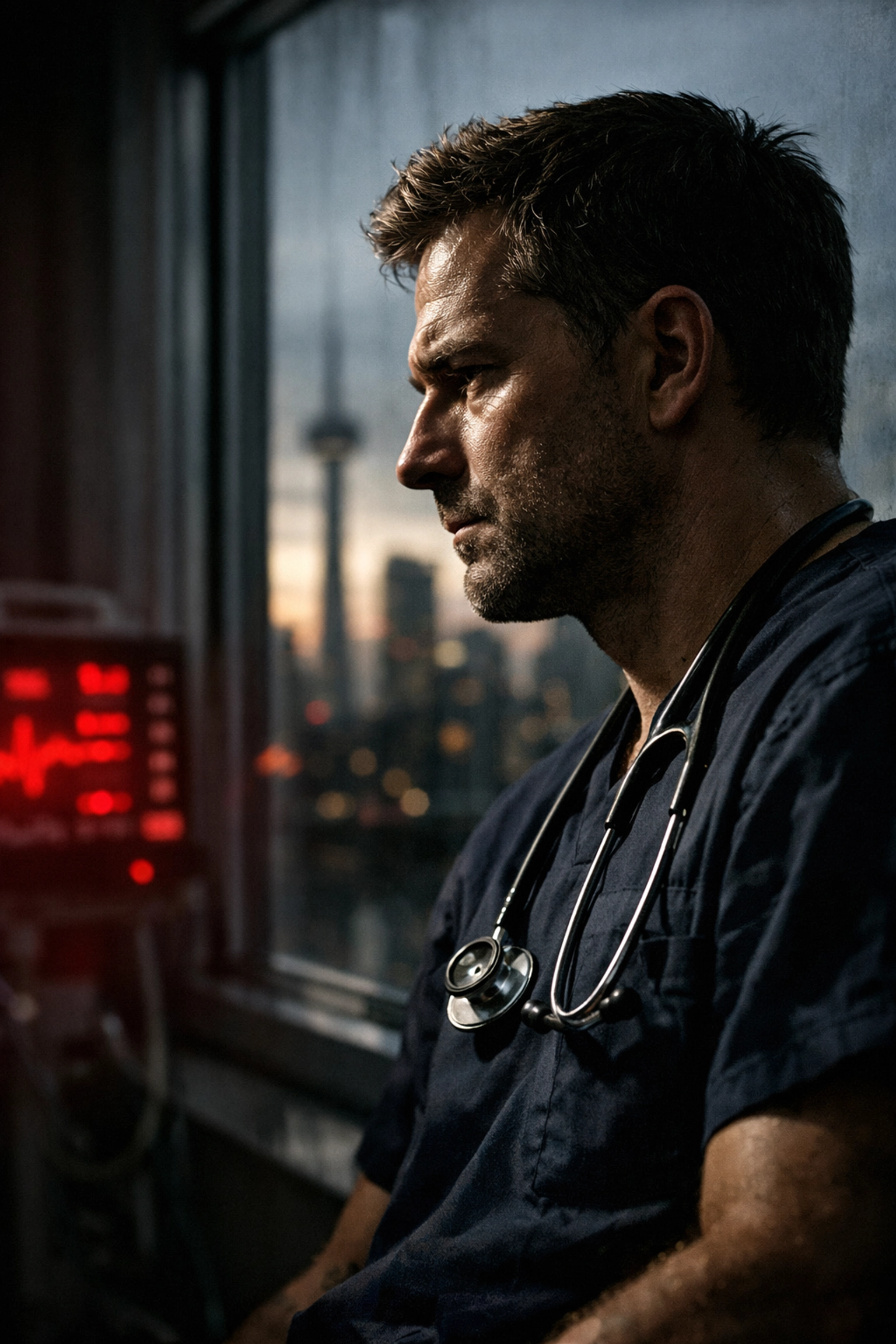 Medical professional in scrubs reflecting on patient safety and systemic challenges in the Alberta health system.