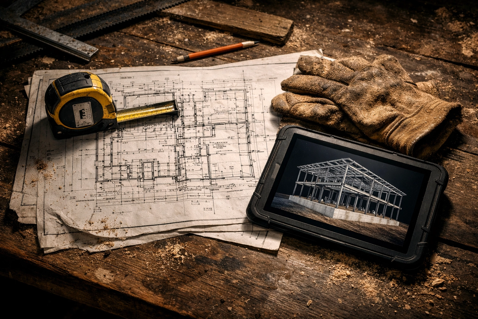 Contractor blueprints and tools on a workbench representing the foundation of CT business insurance.