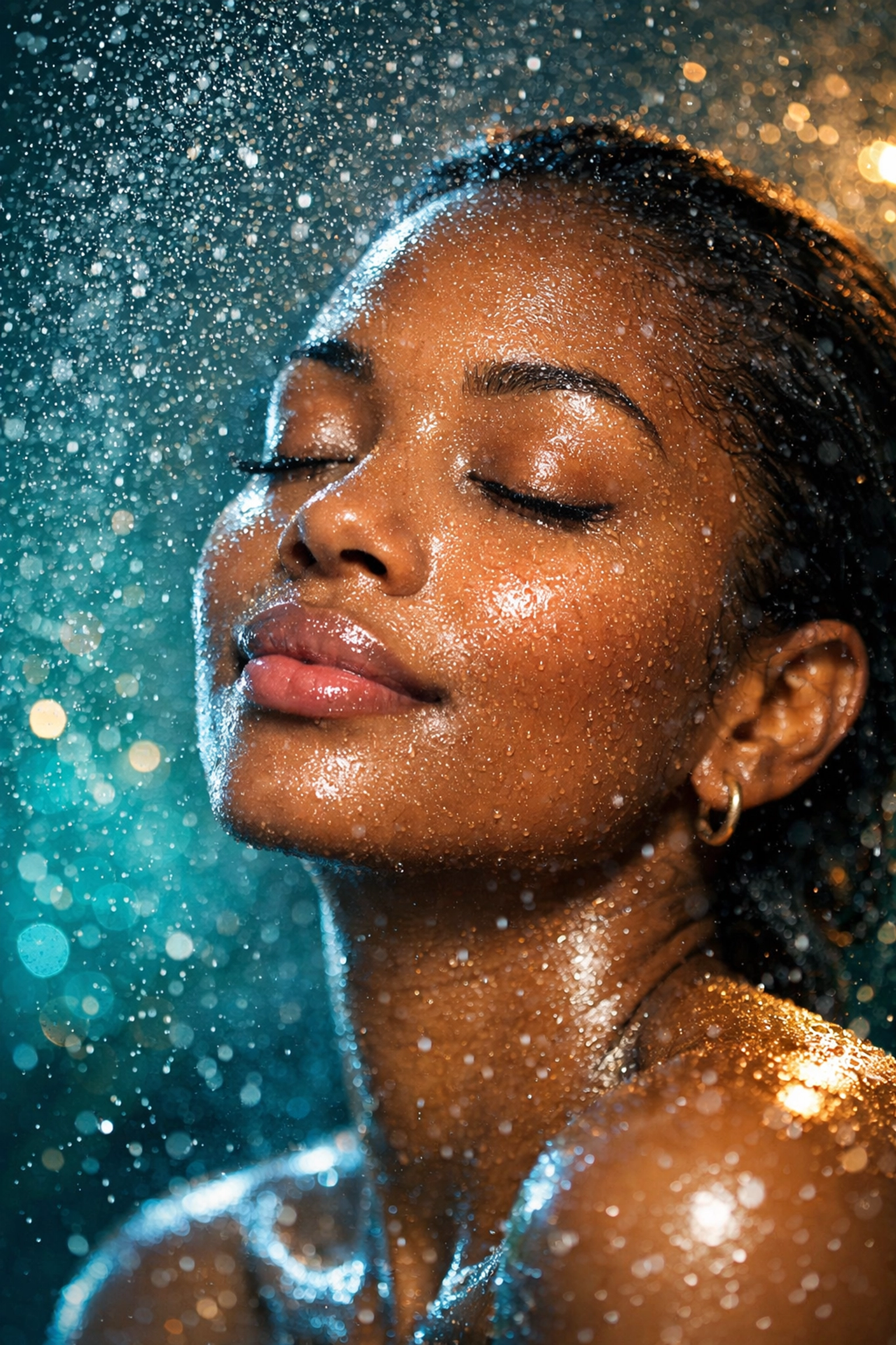 Artistic close-up of a serene woman of color being refreshed by a hydrating mist for supple skin.