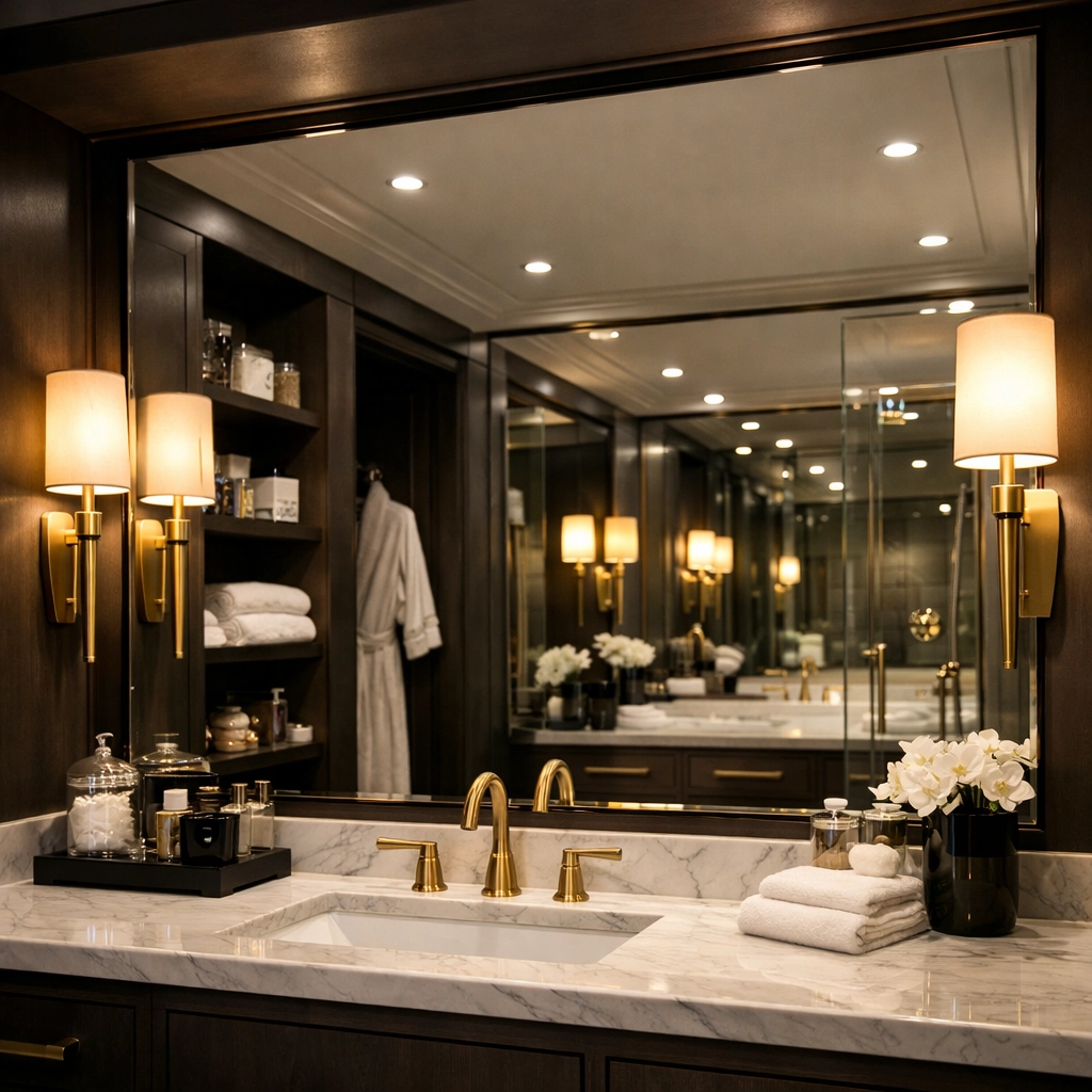 Large wall-to-wall mirror with gold wall sconces to enhance light and space in a small bathroom.