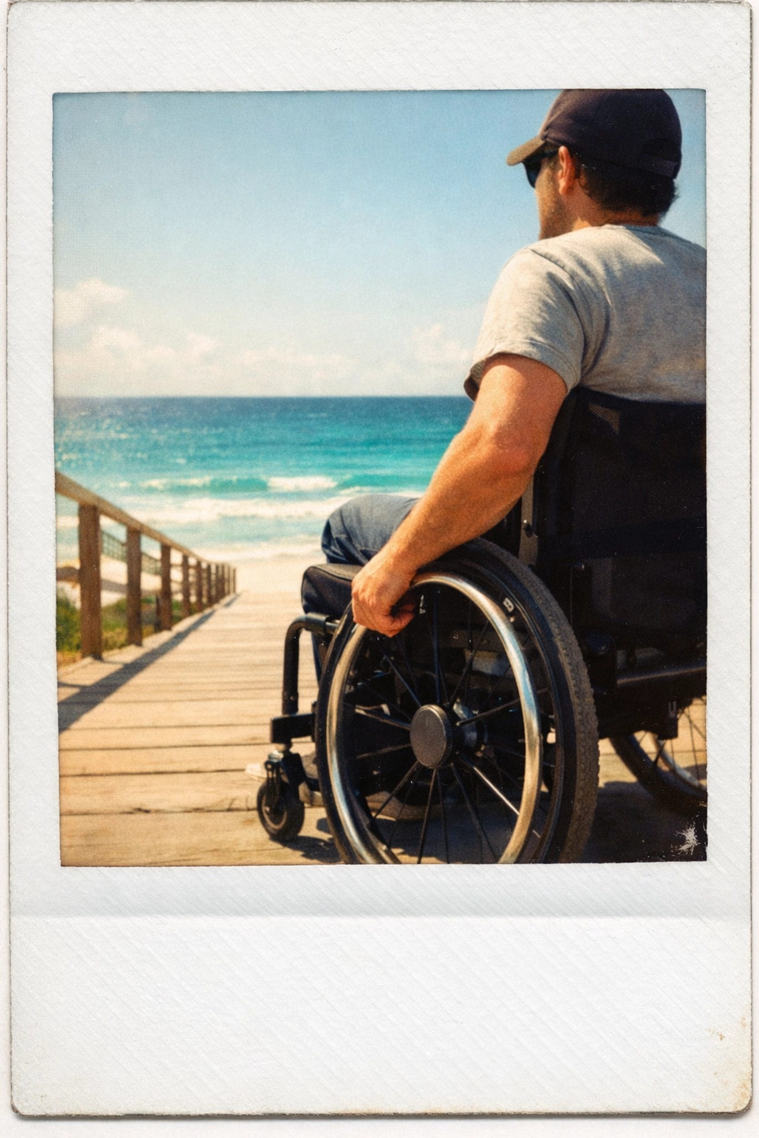 A wheelchair user looking out at a bright turquoise sea from an accessible coastal boardwalk.