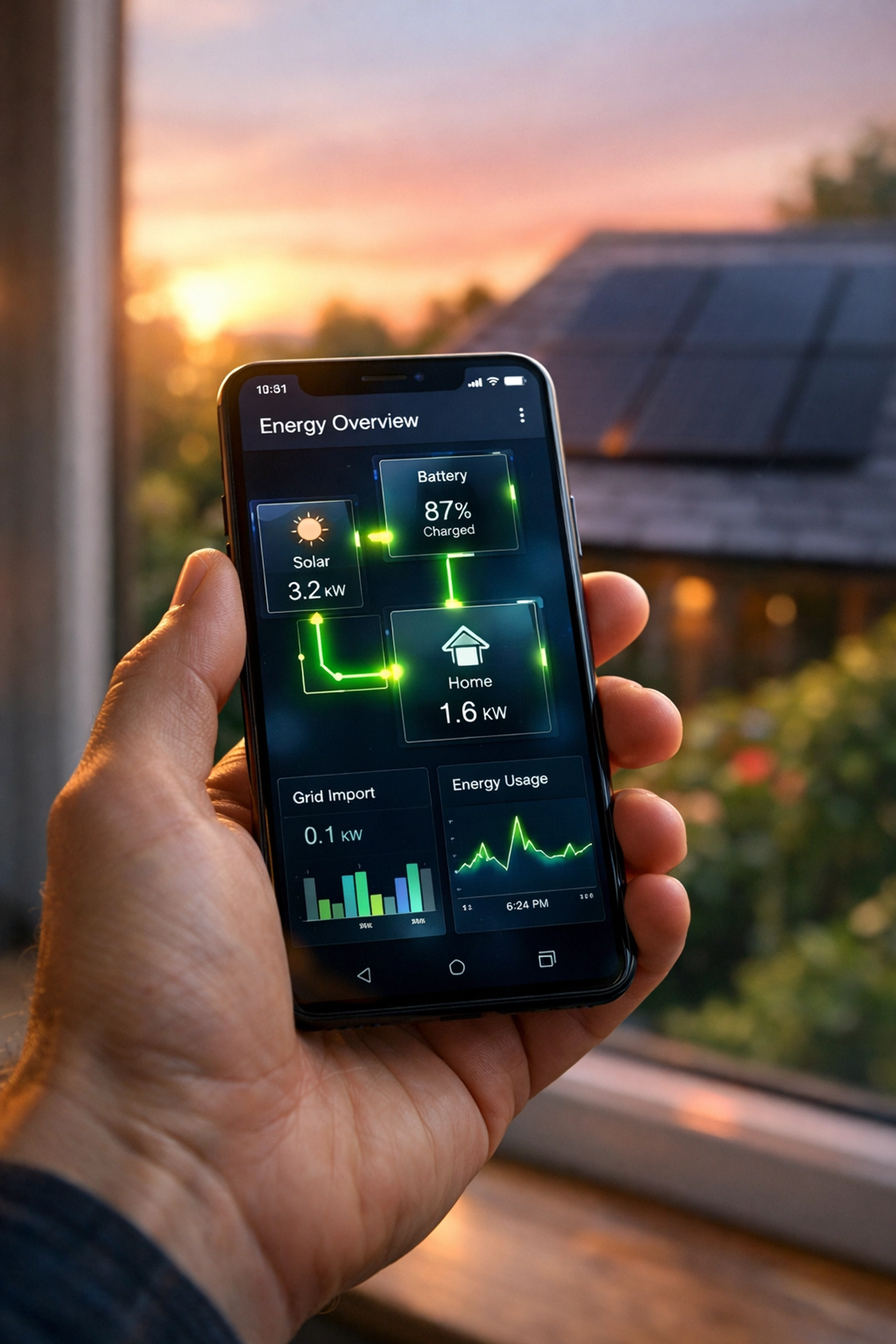 Homeowner using a solar energy monitoring app to track real-time performance and electricity savings.