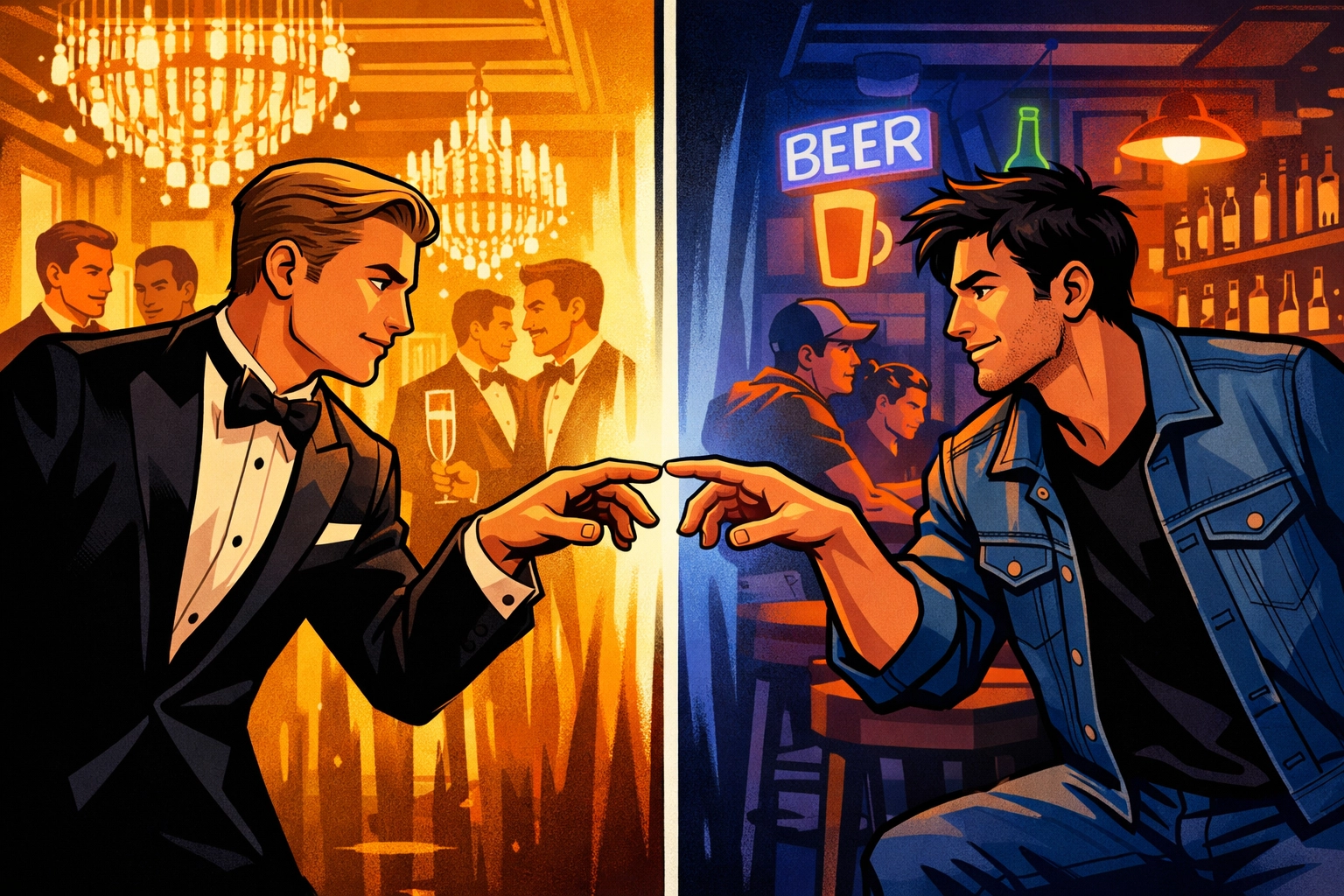Gay romance illustration showing class divide between luxury gala and dive bar worlds