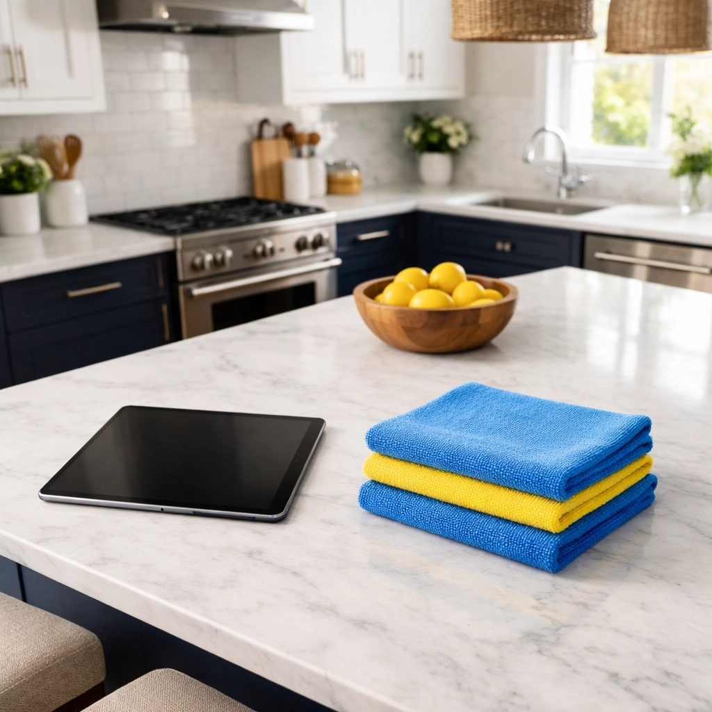 A spotless modern Shrewsbury kitchen with white marble islands and professional house cleaning supplies.