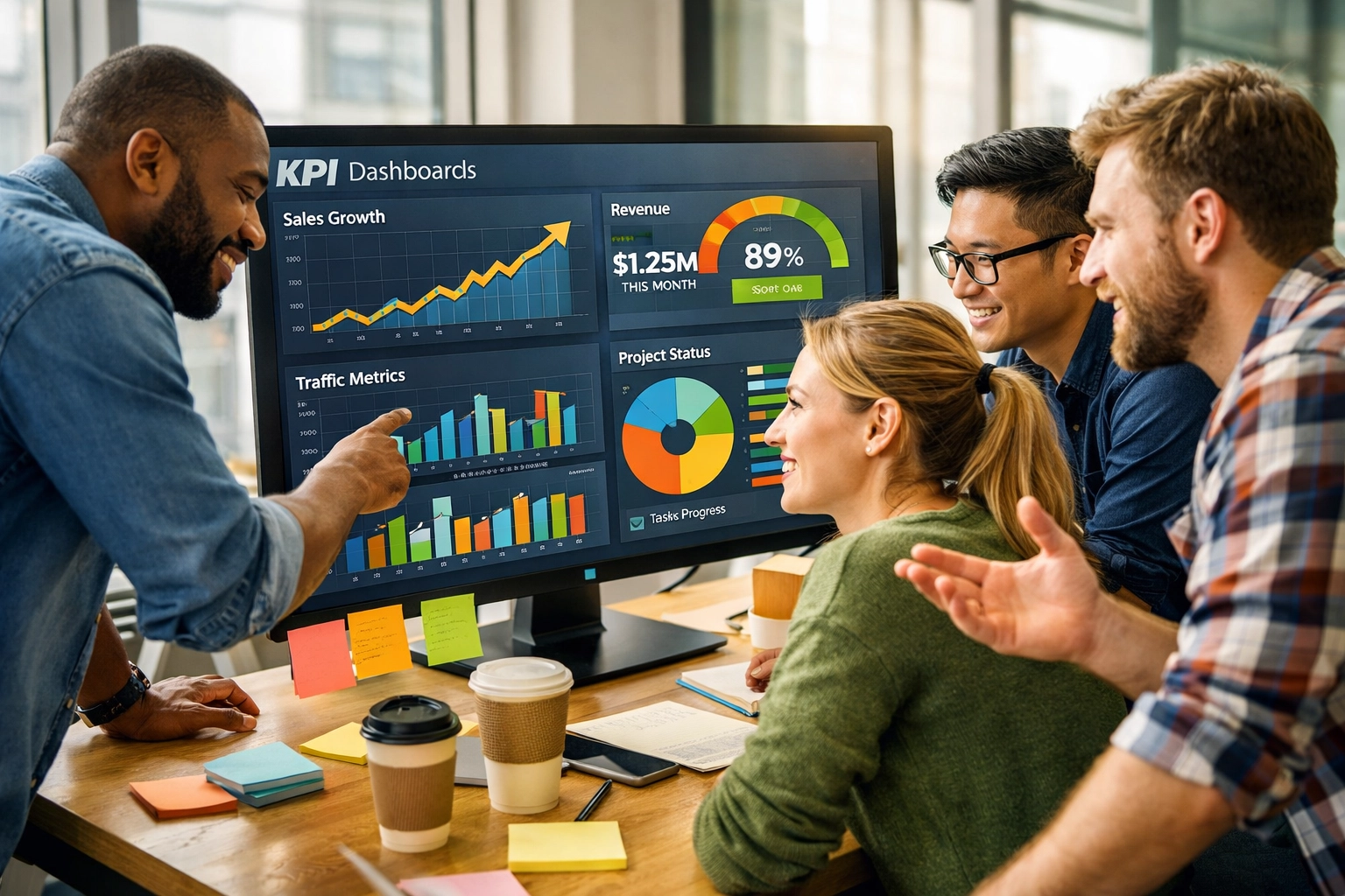 IT team monitoring ServiceNow ITOM KPI dashboards showing ROI and performance metrics