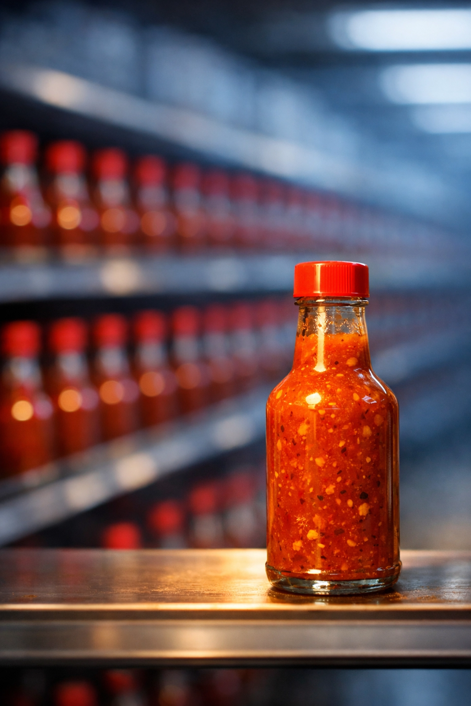 A bottle of small-batch Texas hot sauce standing out against a backdrop of mass-produced supermarket condiments.