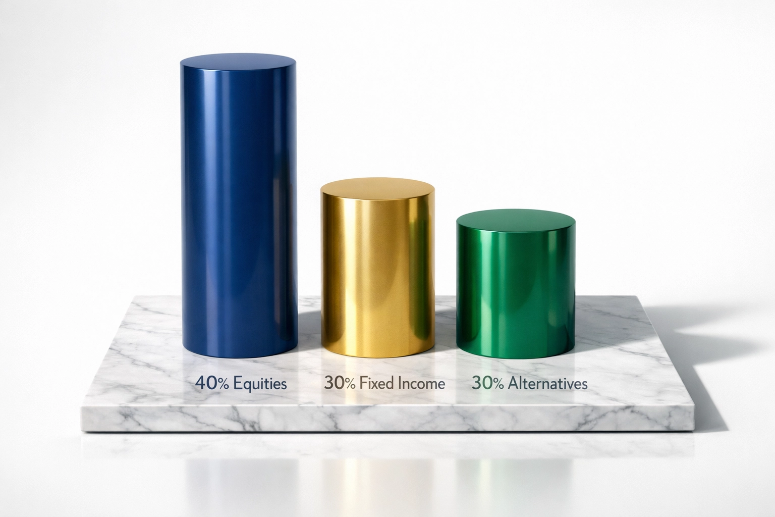 Visual representation of 40/30/30 portfolio allocation framework with equities, bonds, and alternatives