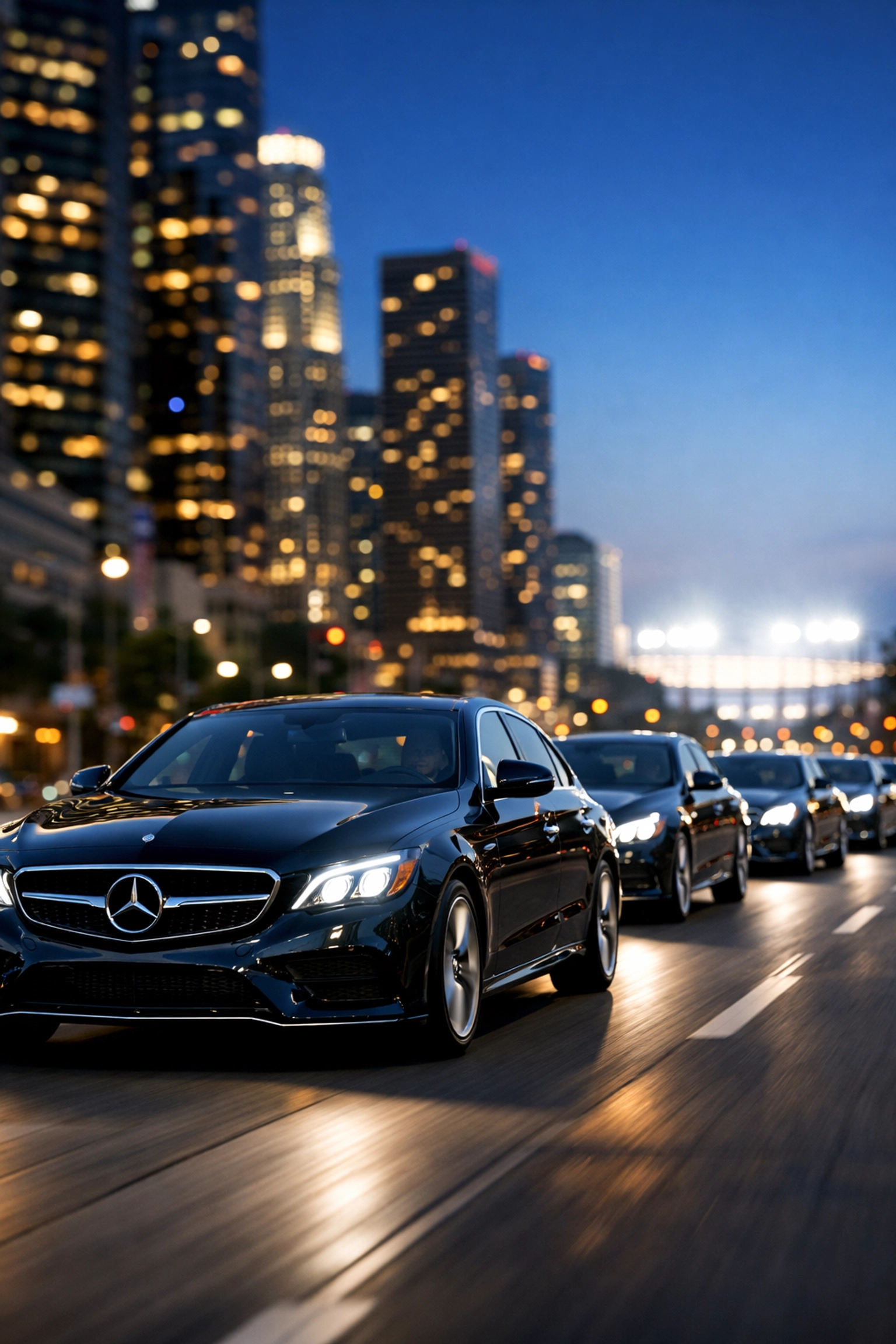 Fleet of black executive sedans providing coordinated corporate transportation for high-profile sporting events.