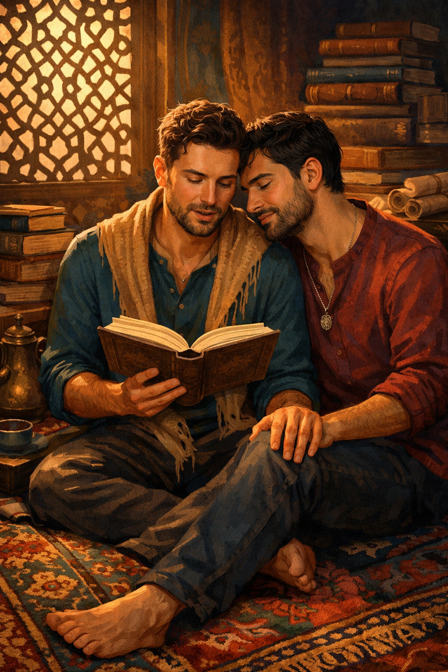 Two men reading on an Afghan rug, capturing the essence of MM romance and heartfelt gay fiction.