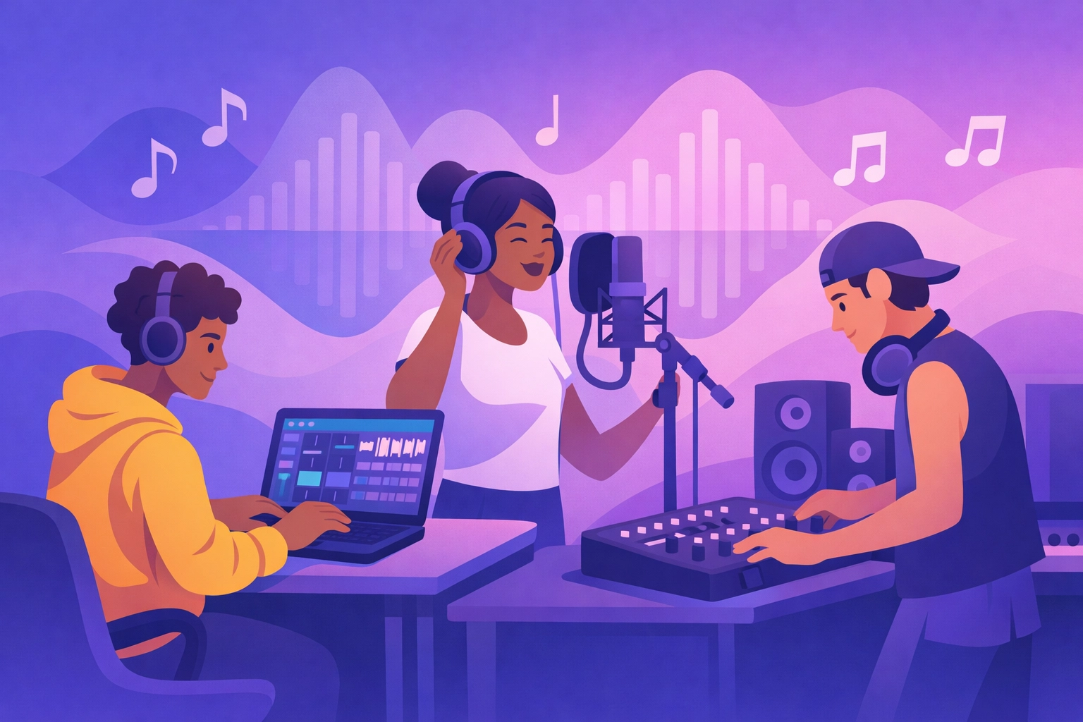 Independent musicians creating music in a collaborative studio environment