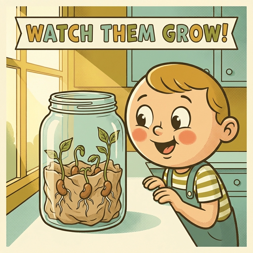 Cartoon child observes bean seeds sprouting in a jar, perfect for kids’ seed starting science experiments