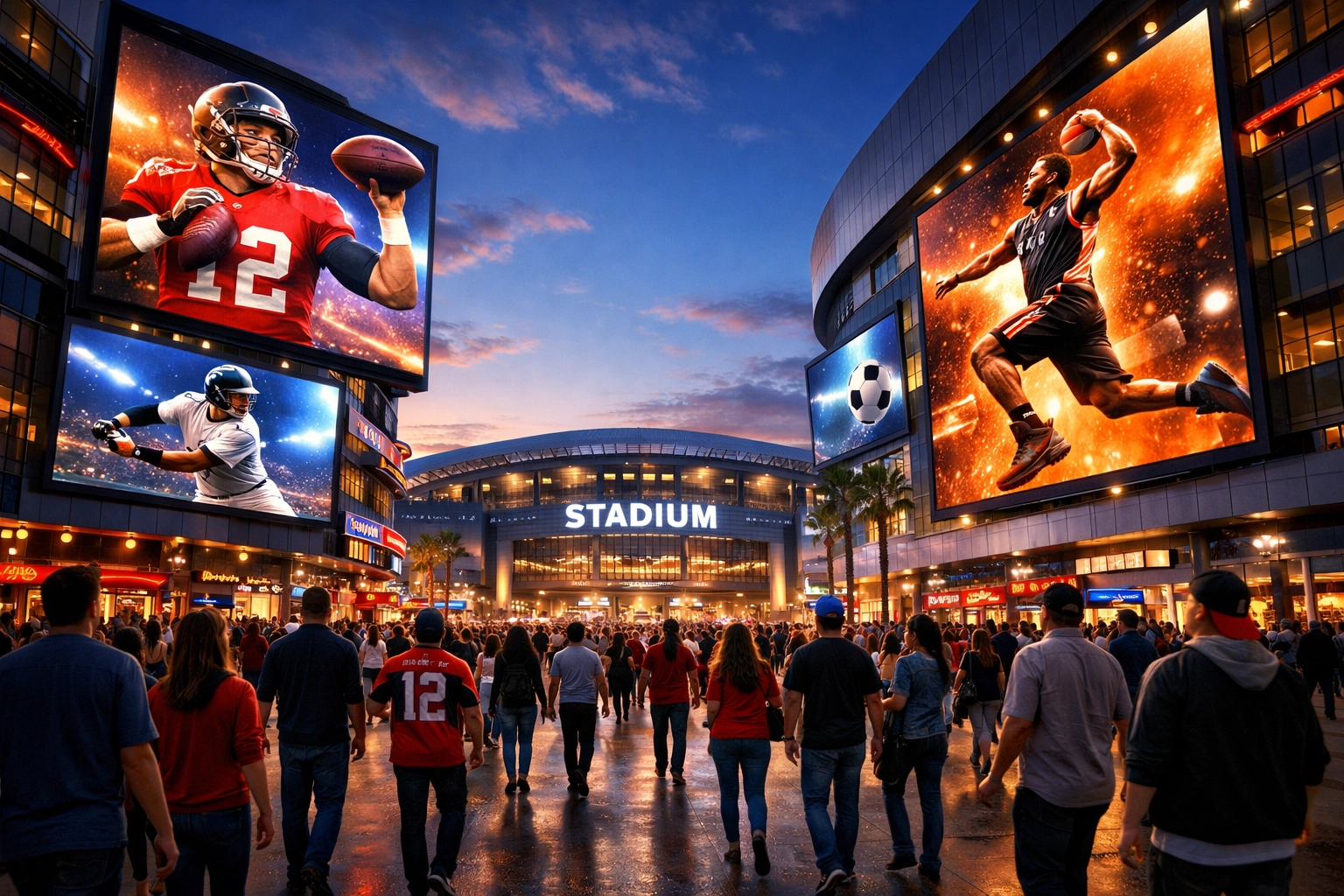 Digital billboards showing venue-wide coverage for Super Bowl 2026 outside a modern sports stadium.