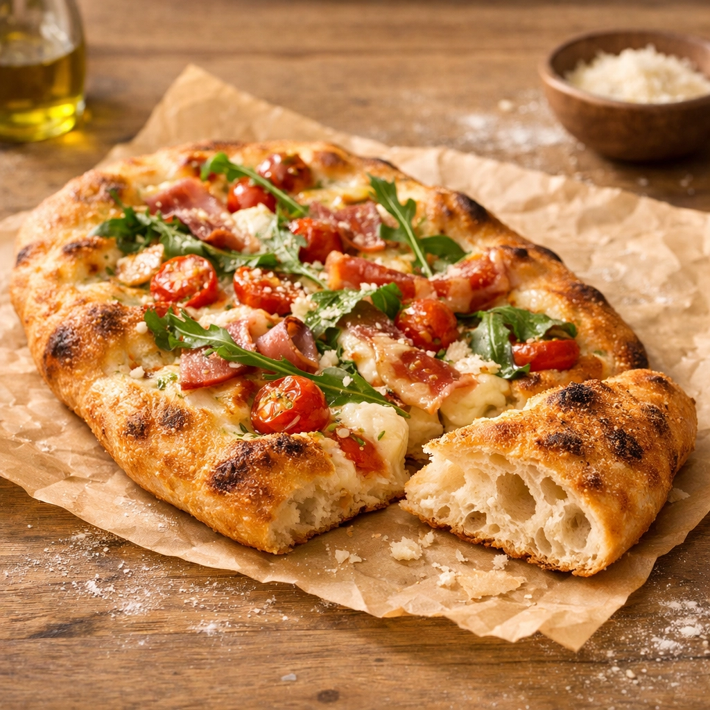 Roman pinsa with crispy golden crust and airy interior showing light texture and air pockets