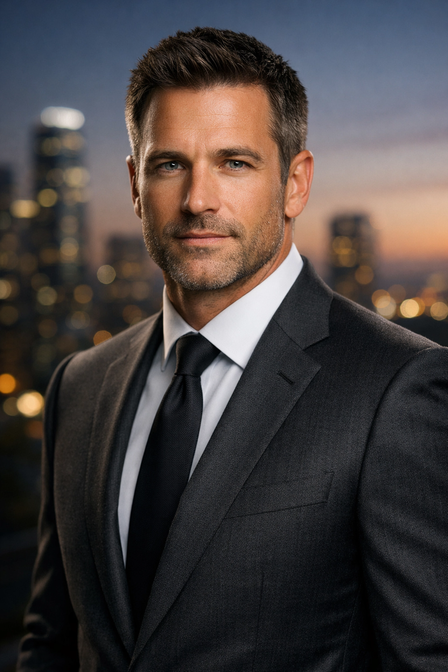 Stunning professional corporate headshot of a confident executive in a charcoal suit.