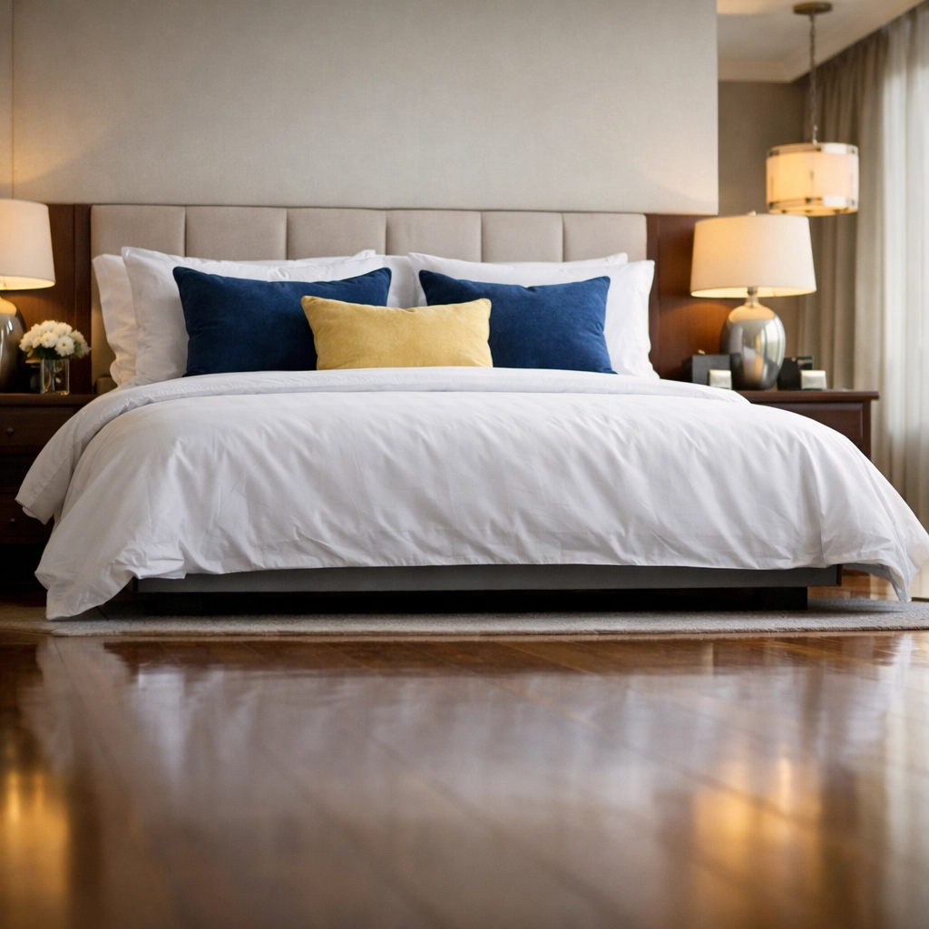 Tidy and organized luxury bedroom with a perfectly made bed after a bi-weekly cleaning Concord visit.