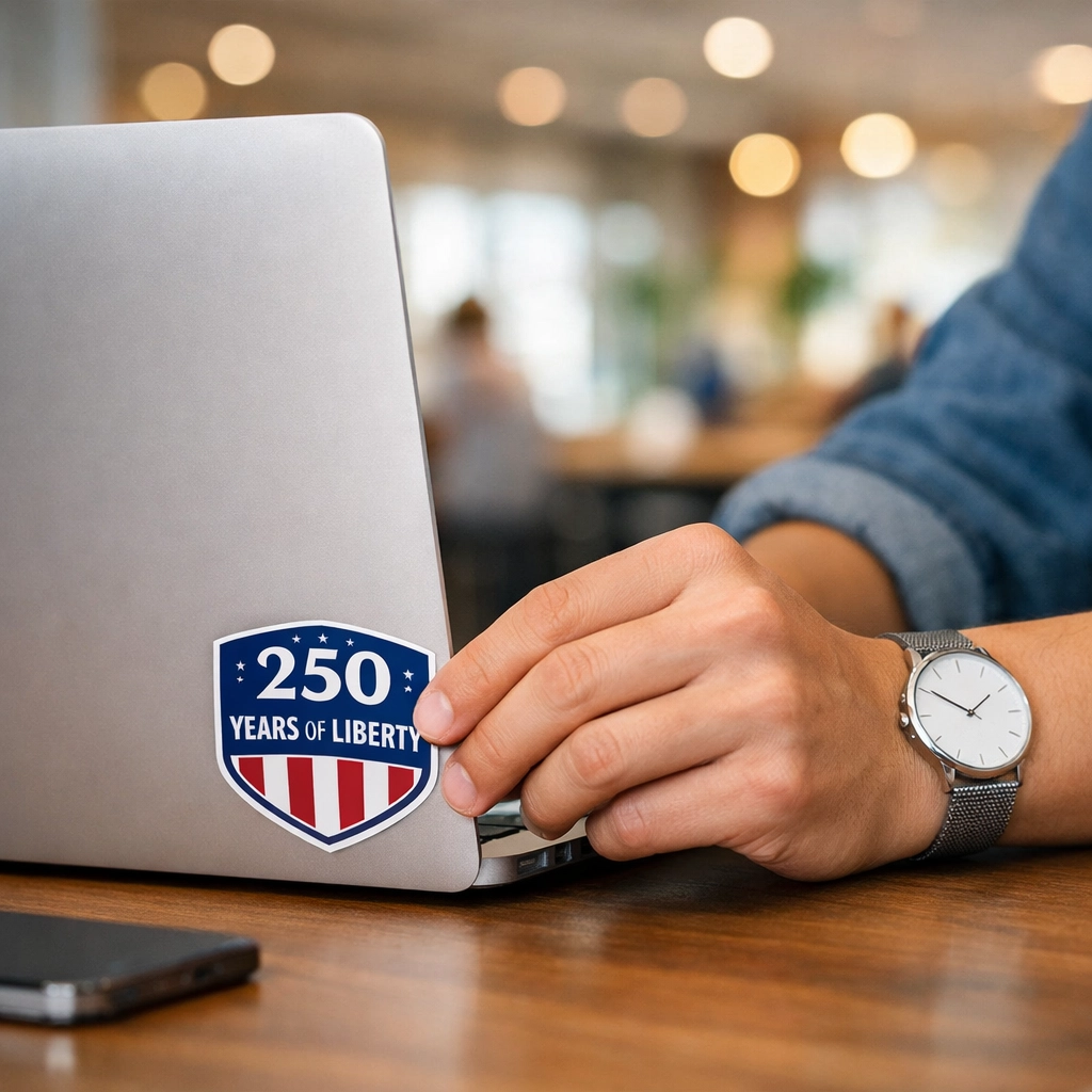 Placing a patriotic sticker on a laptop to show support for unity and the Pledge Allegiance mission.
