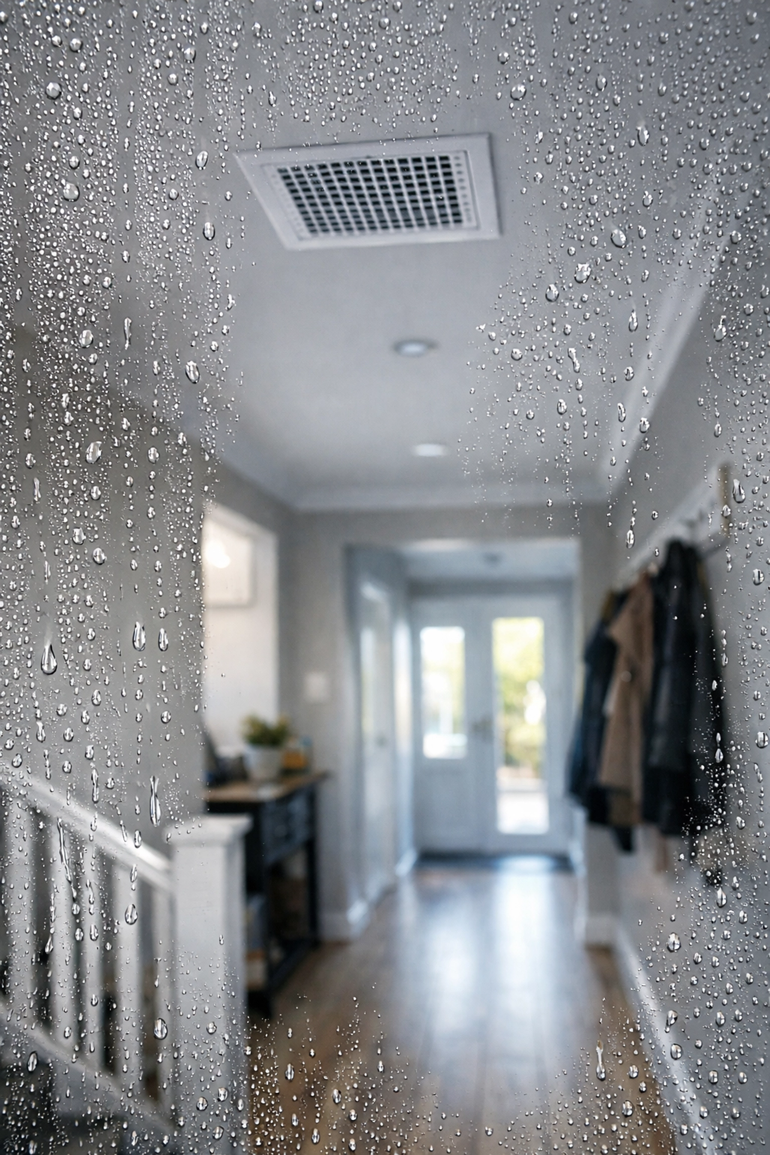 Condensation droplets on window with PIV ventilation unit installed on ceiling