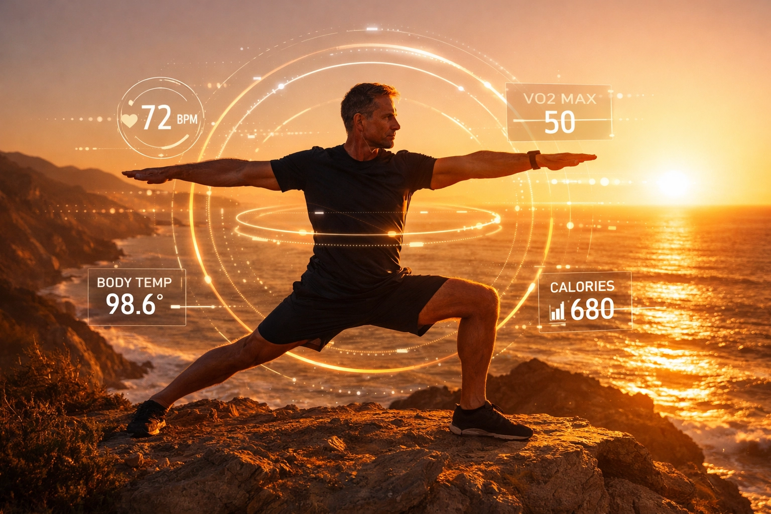 Man practicing yoga at sunrise symbolizing healthspan optimization and the Centenarian Decathlon.