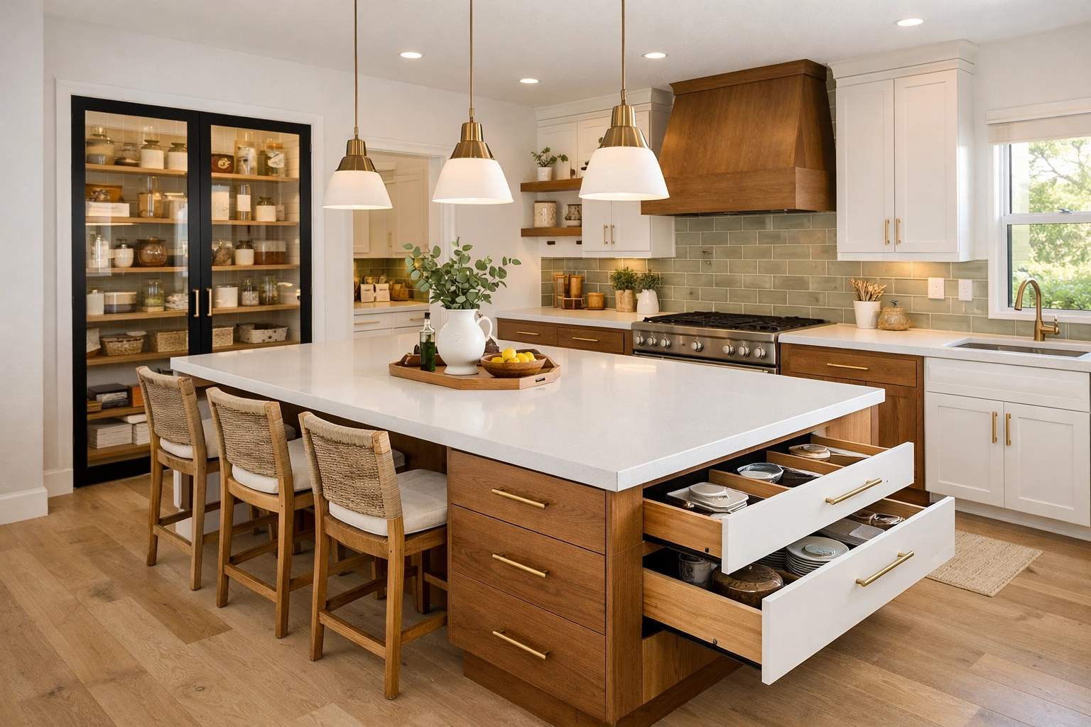 Modern kitchen remodeling Orlando with white quartz island and walk-in pantry storage