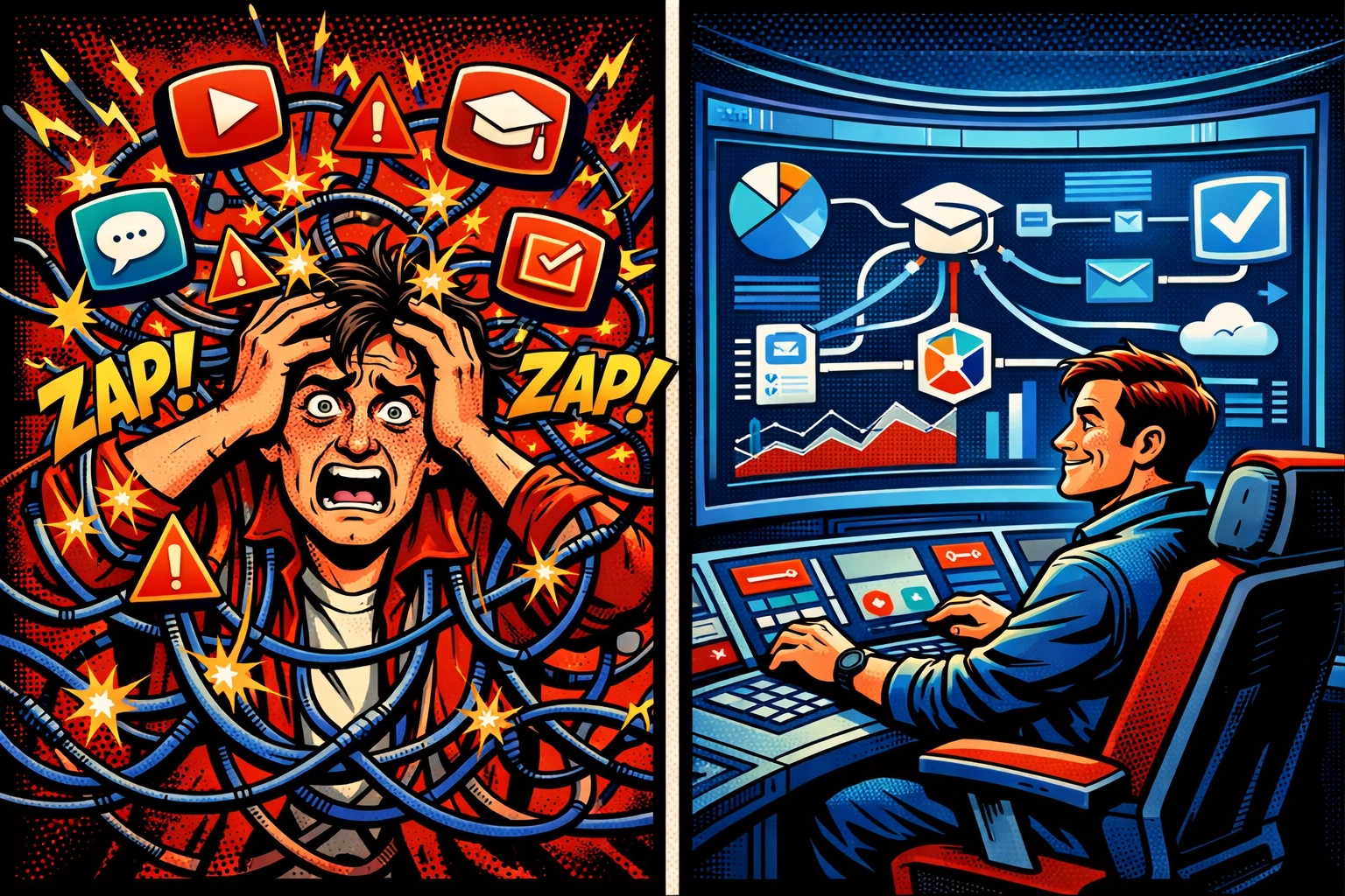 Course creator managing multiple apps versus unified GoHighLevel automation dashboard