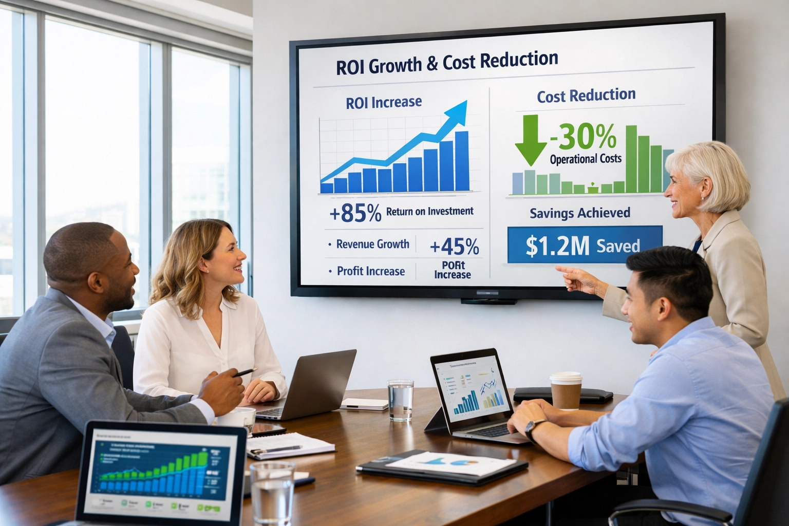 Business team analyzing ServiceNow ROI graphs showing 40% operational cost reduction and financial timeline