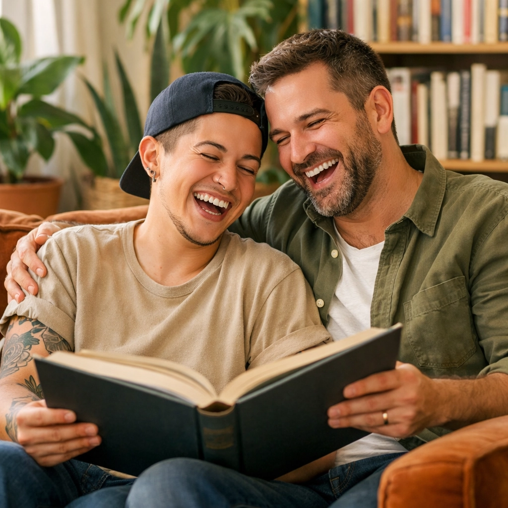 A joyful gay couple, including a trans partner, reading MM romance books in a sun-drenched apartment.