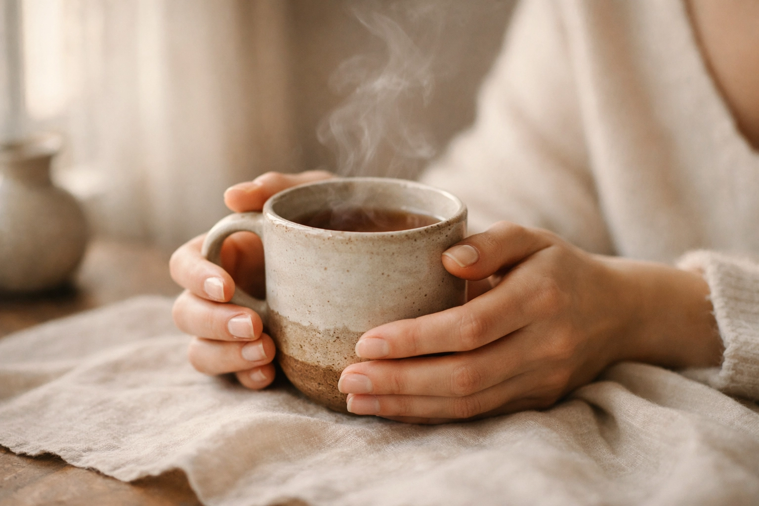 Feminine hands holding a ceramic mug of tea with morning steam