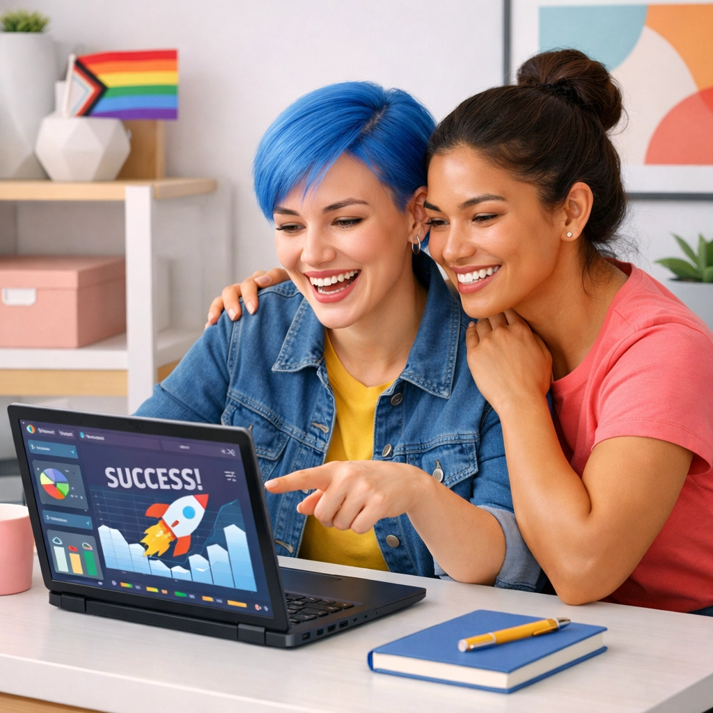 A lesbian couple reviewing their self-publishing success on a laptop in a modern home office.