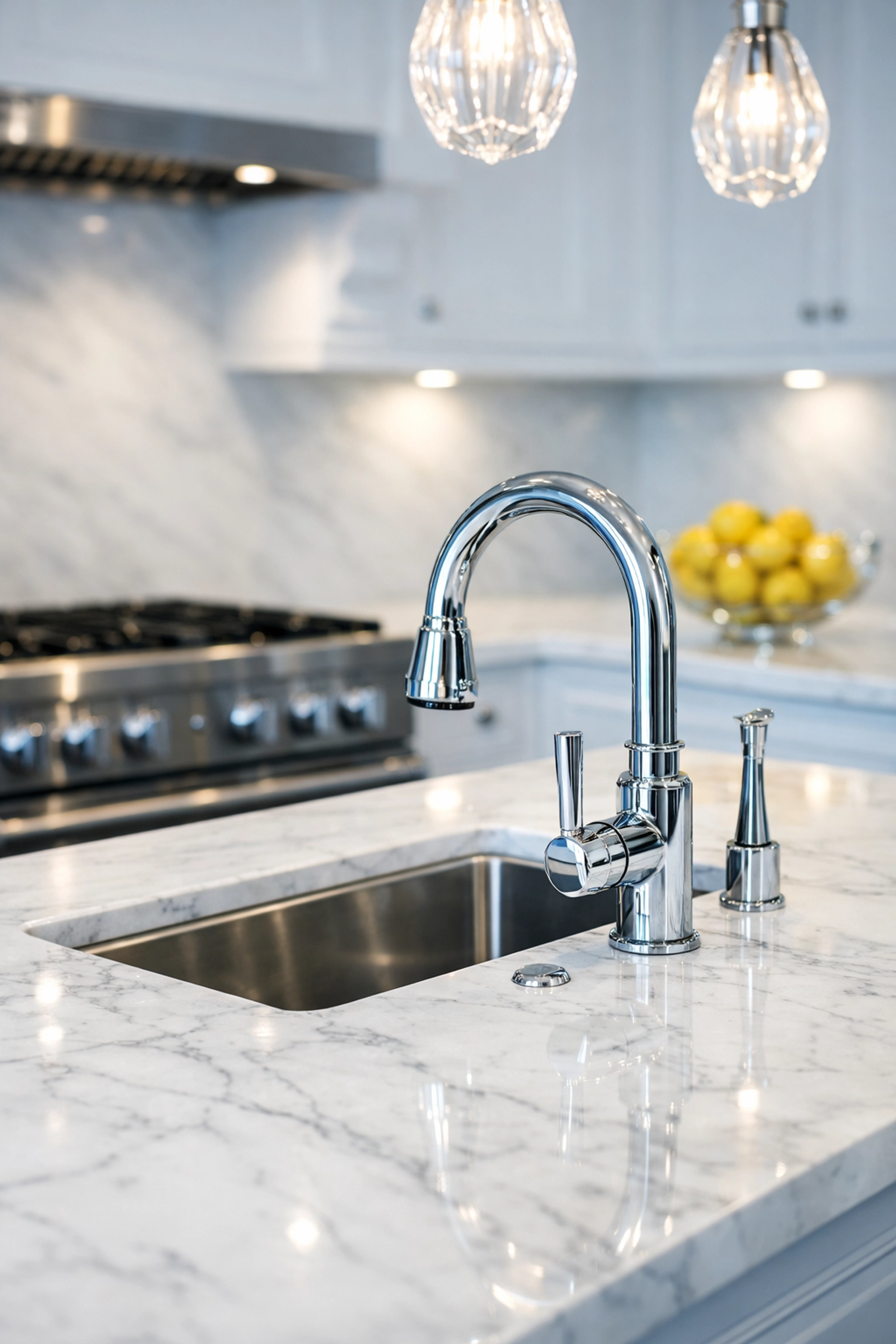 Sparkling clean marble kitchen island in a Lincoln home following a deep house cleaning service.