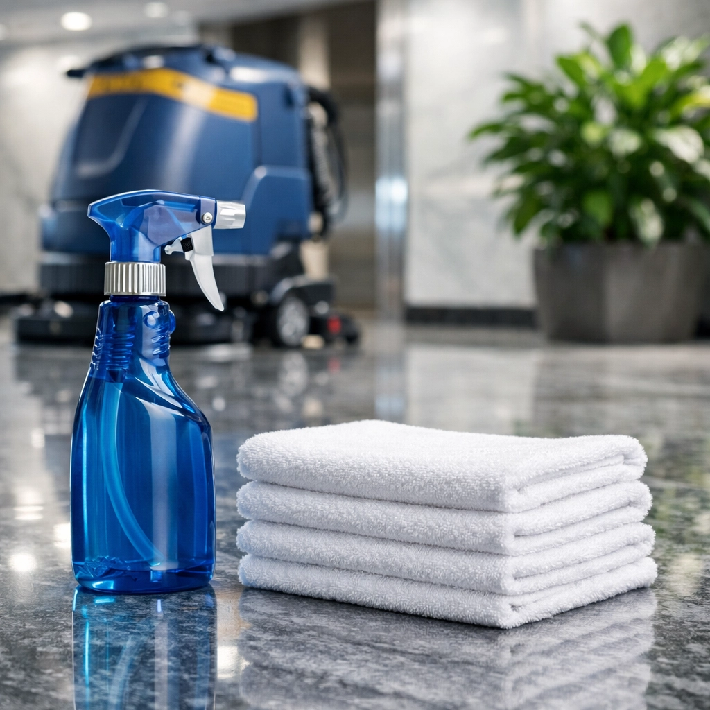 Professional cleaning equipment and supplies on a shiny marble floor for eco-friendly office maintenance.