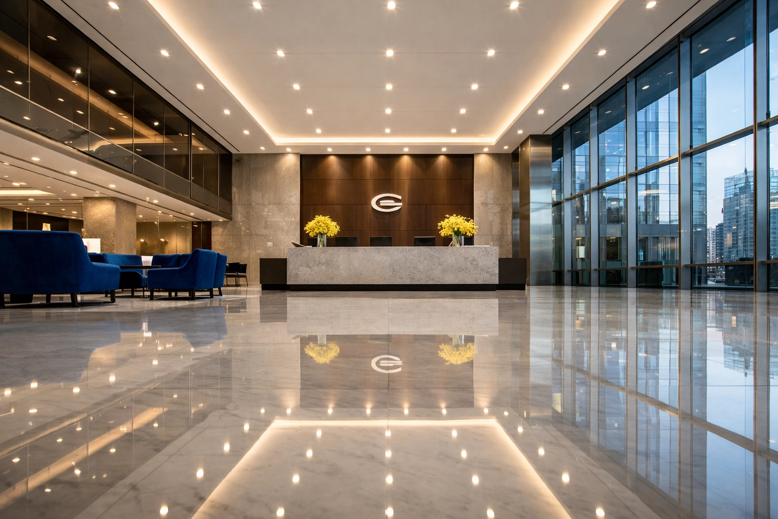 Pristine bank lobby with polished marble floors representing professional cleaning for financial institutions.