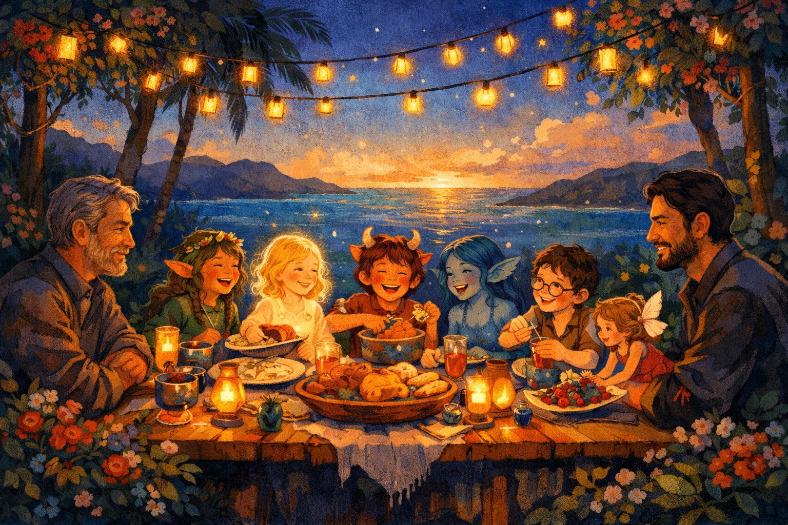Gay couple and magical children gather for family dinner celebrating chosen family bonds