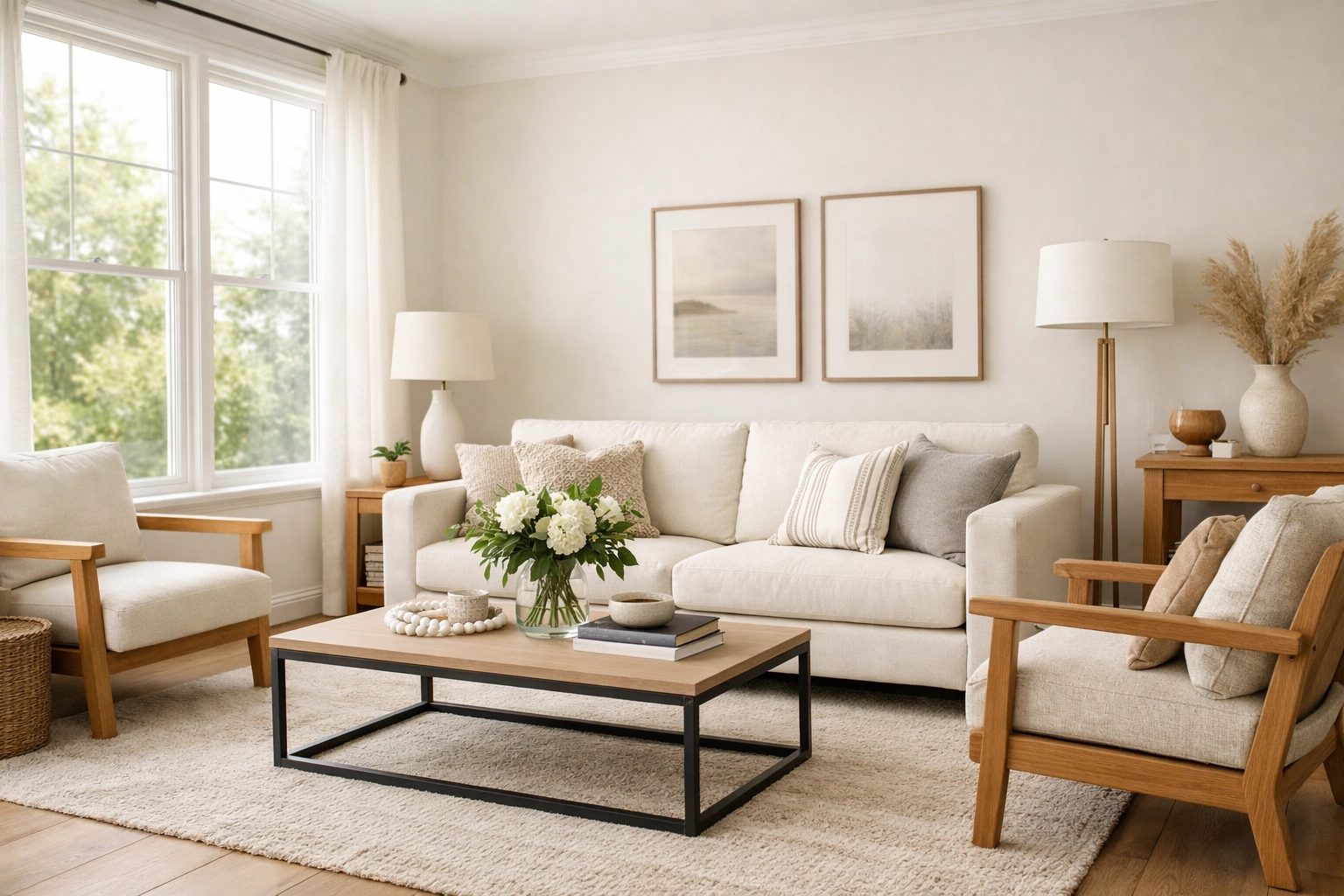 Professionally staged living room in Charlotte home with neutral furniture and natural light