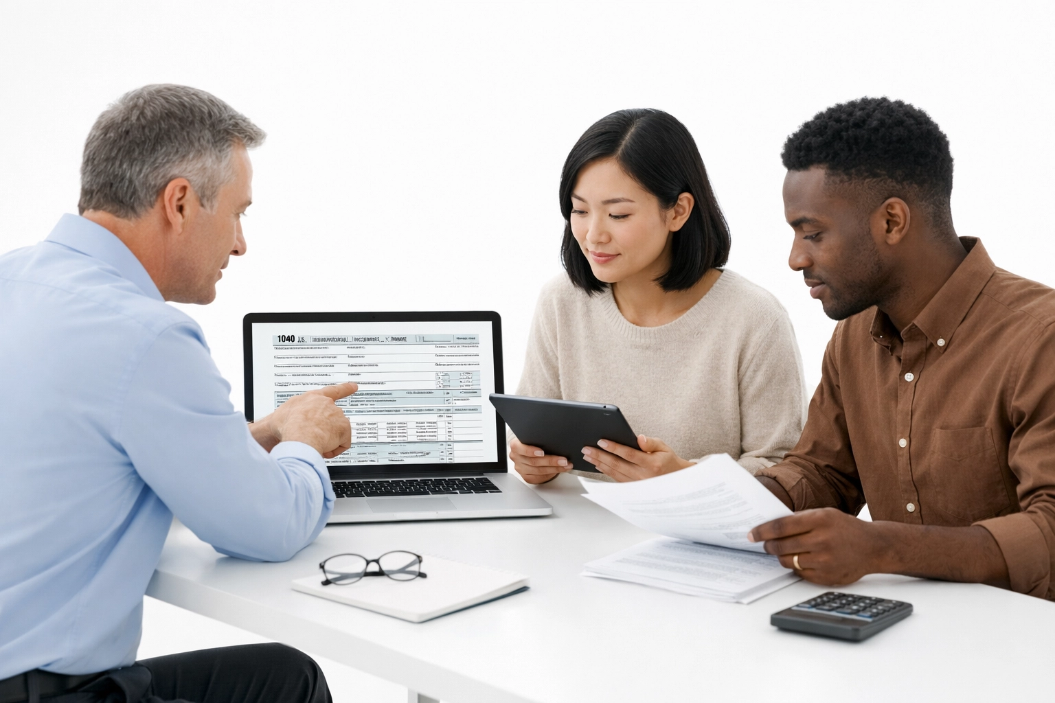 Tax professionals helping client review tax forms on laptop during tax preparation consultation