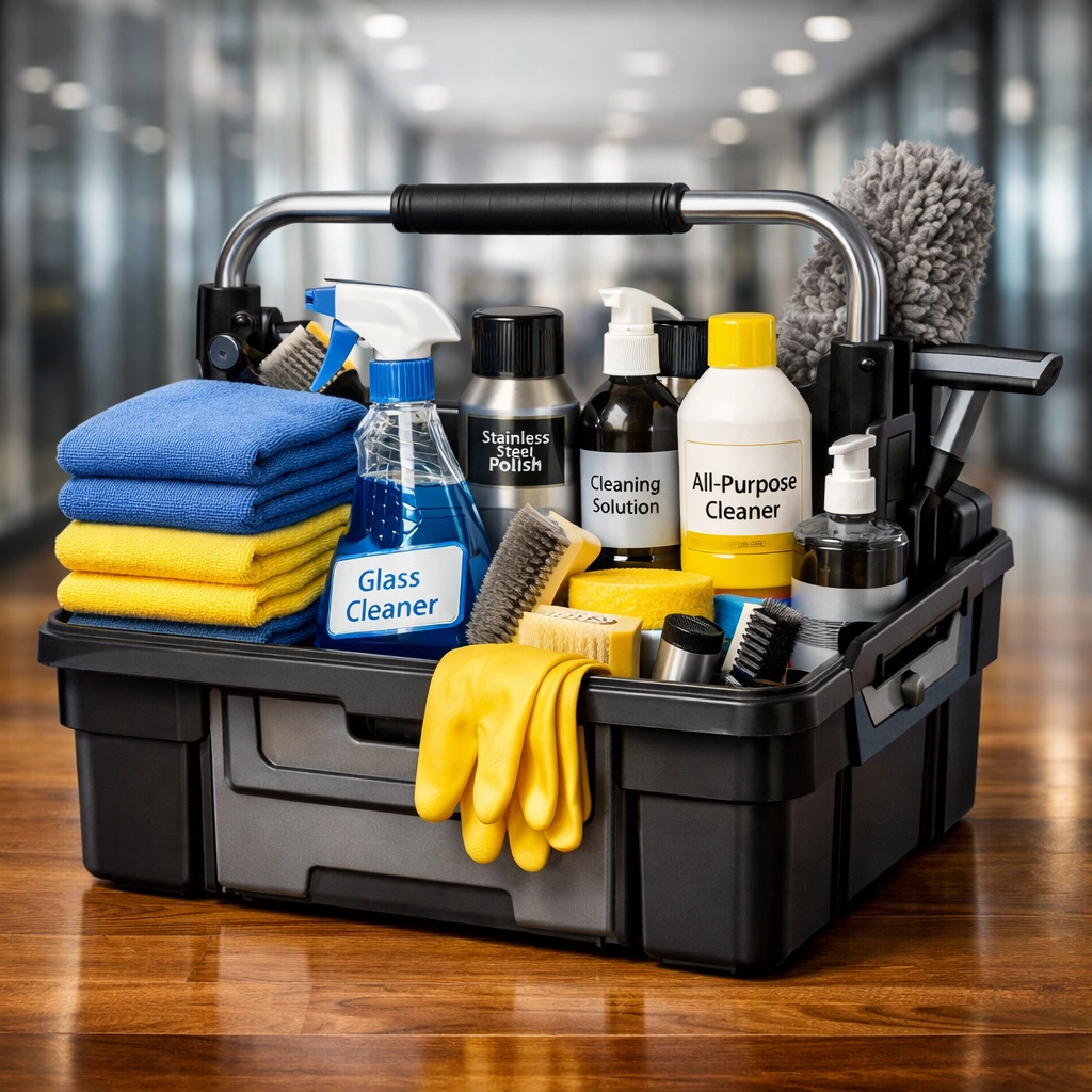 Professional janitorial caddy with microfiber cloths for efficient office cleaning in Hopkinton.