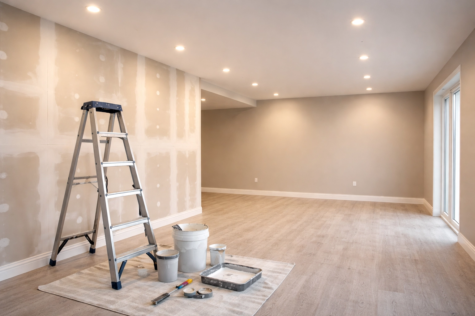Partially finished Atlanta basement showing drywall installation and freshly painted walls