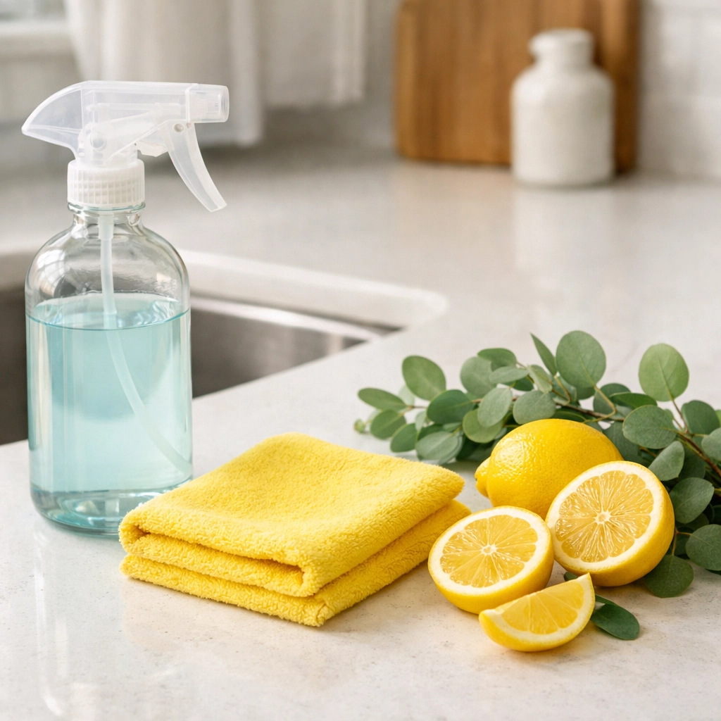 Eco-friendly cleaning products on a spotless white quartz kitchen countertop in a Deerfield residence.