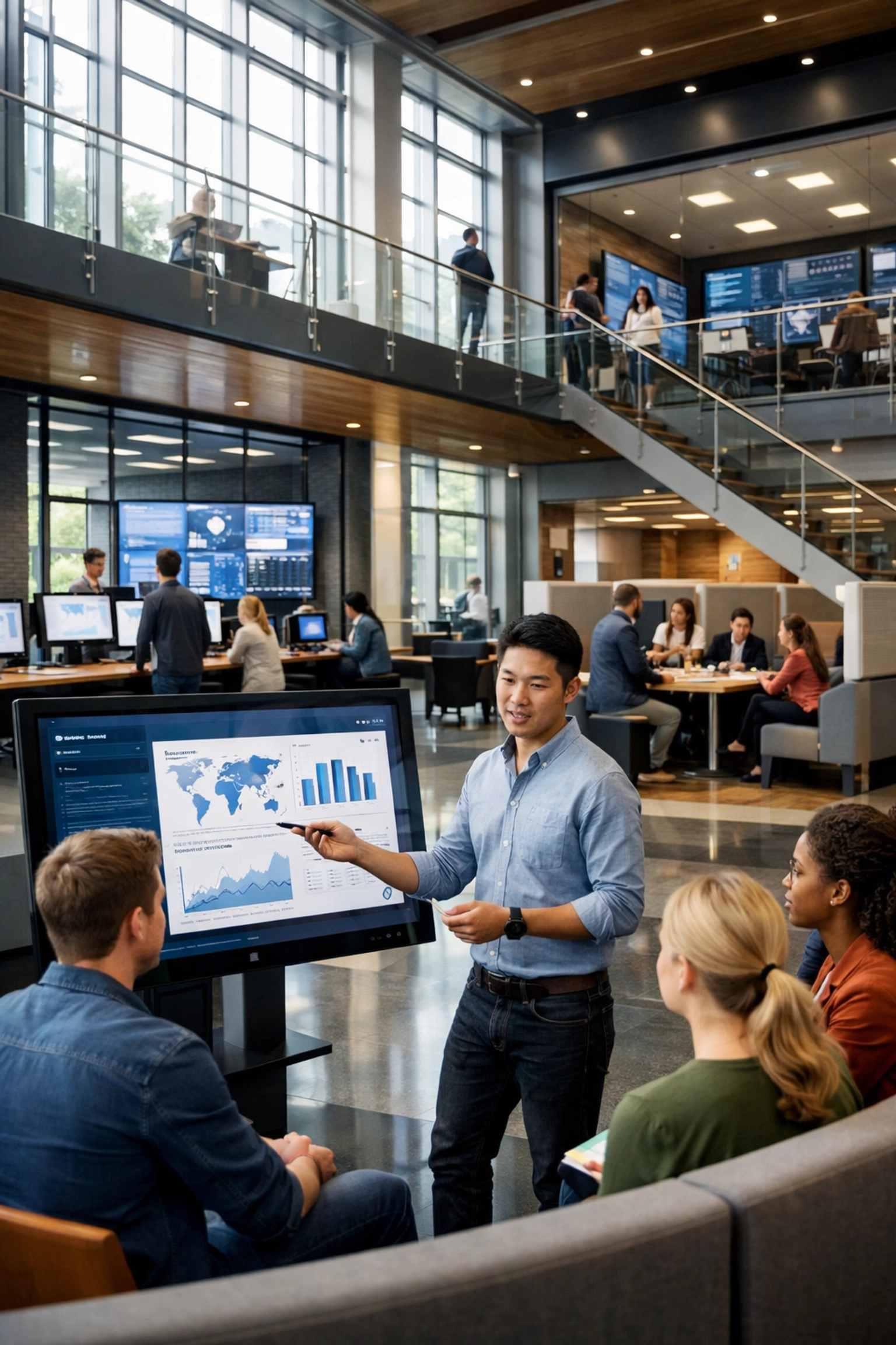 Future-ready corporate training center with teams collaborating on workforce development projects