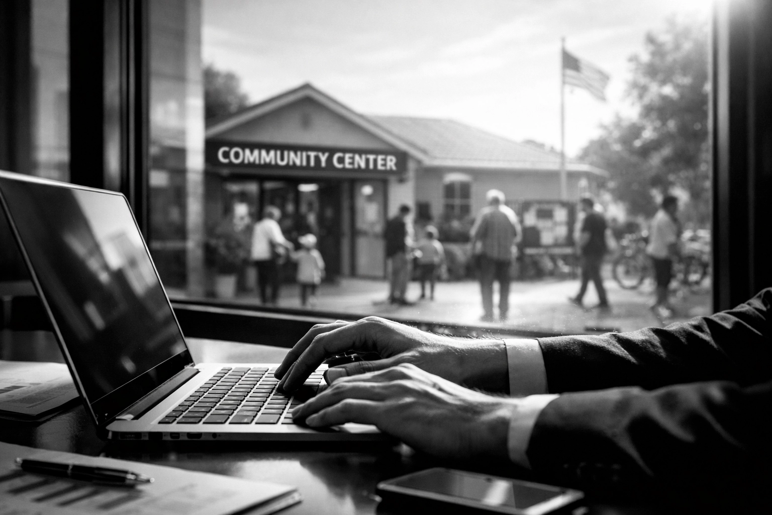 Corporate executive planning local workforce partnerships with community center visible in background