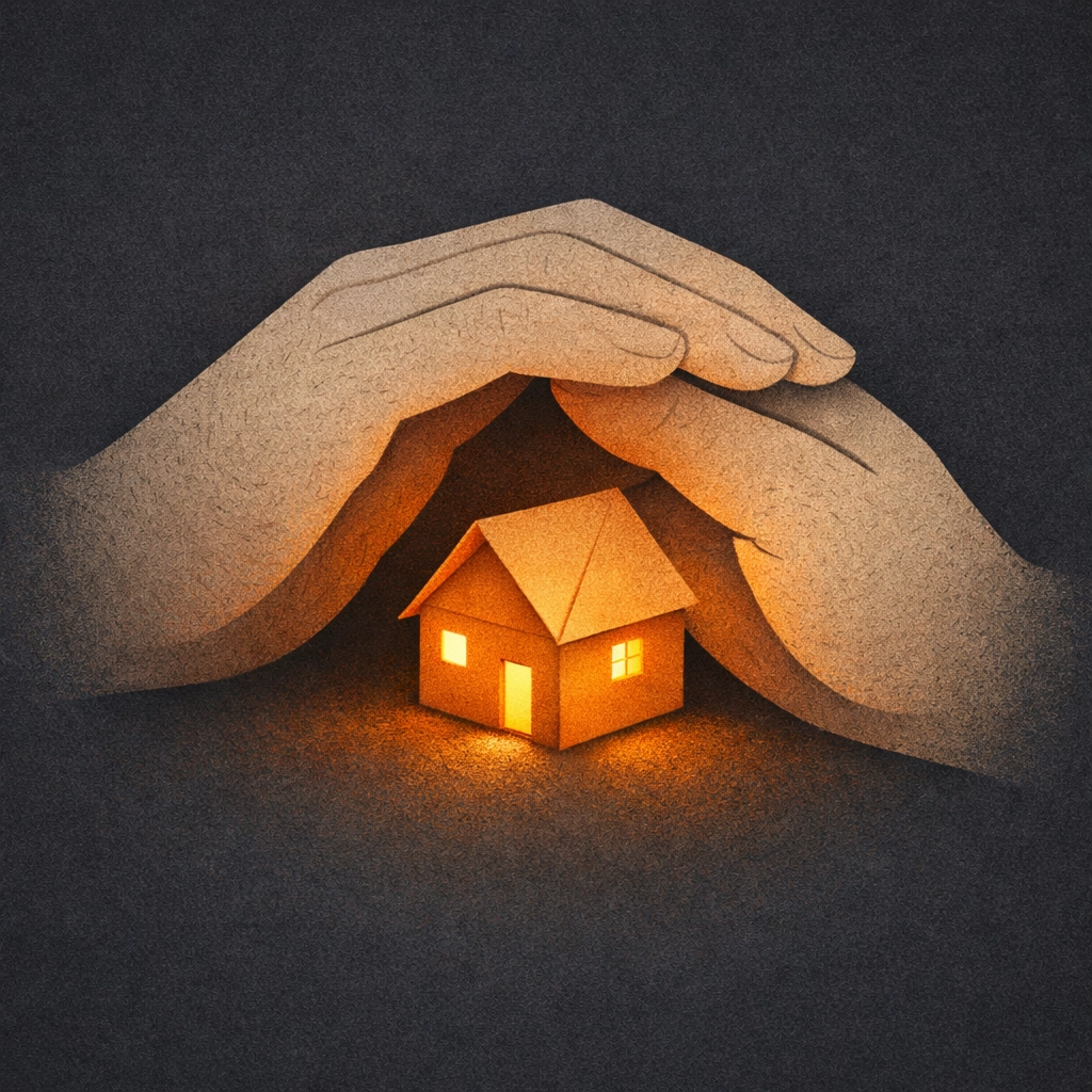 Hands gently shielding a small house, representing the protection and peace of mind that comes with life insurance.