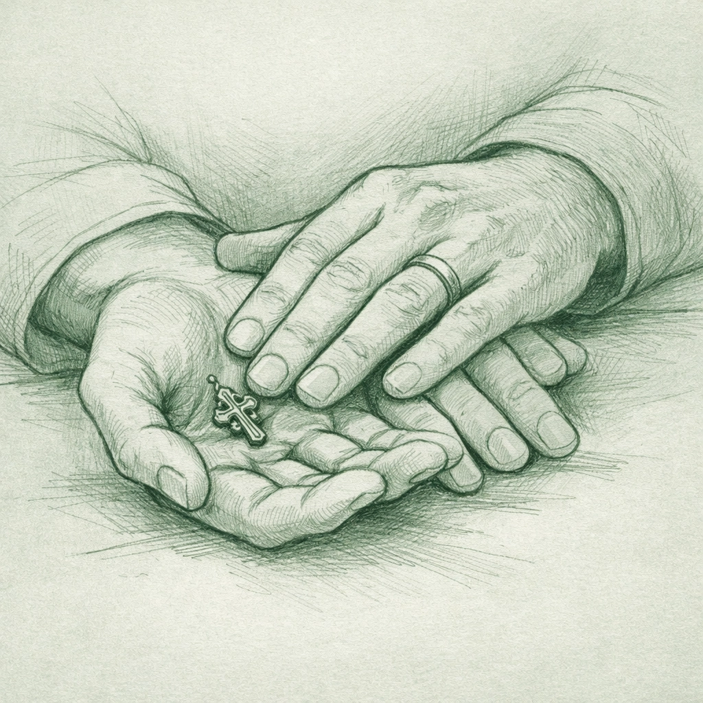 Close-up of men's hands overlapping with a religious token, representing faith and resilience in gay literature.