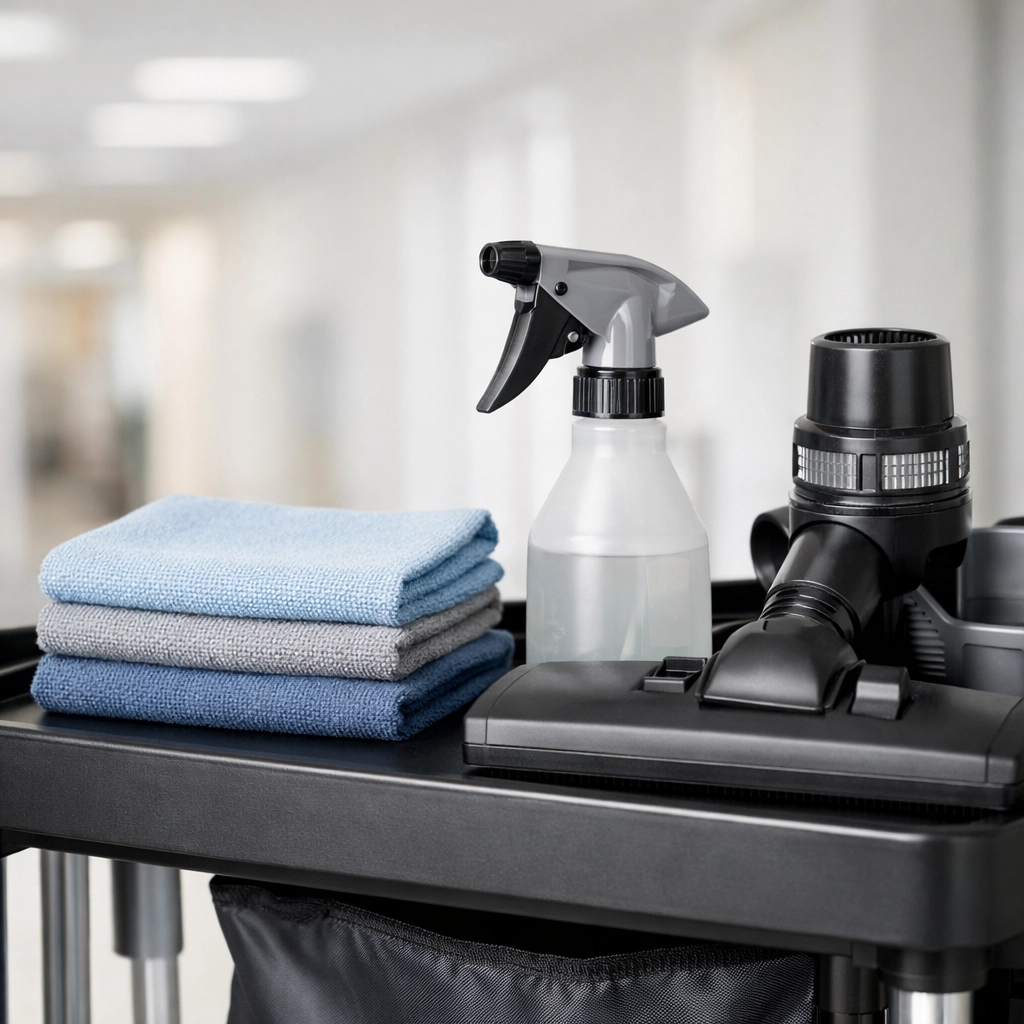 Professional janitorial cart with microfiber cloths and cleaning supplies in a bright office corridor.