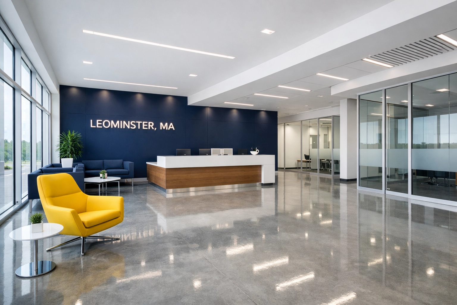Pristine modern office lobby in Leominster MA with polished floors and professional cleaning.