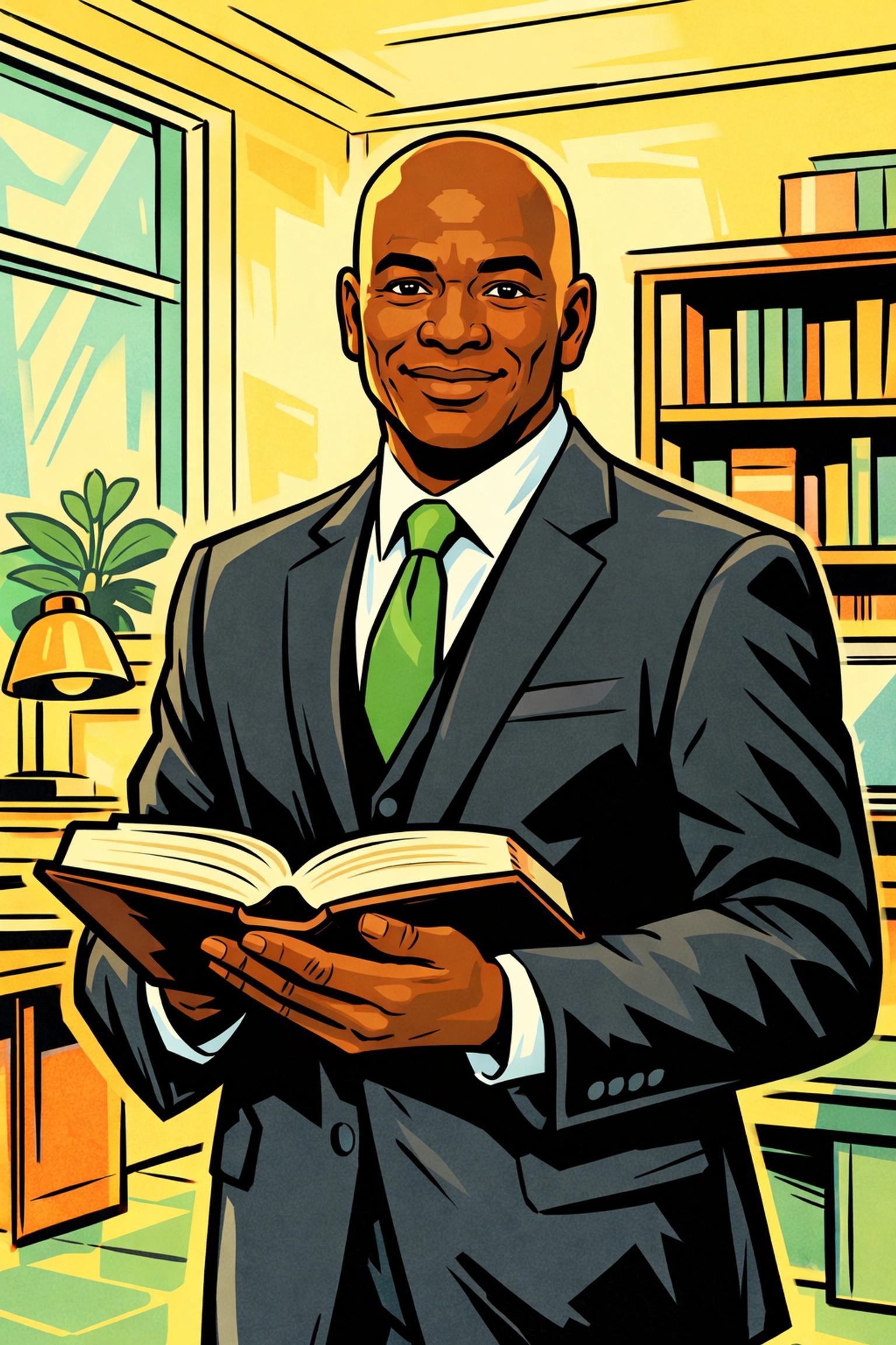 Professor Antonio holds a book in an office, modeling academic vocabulary and success for boys